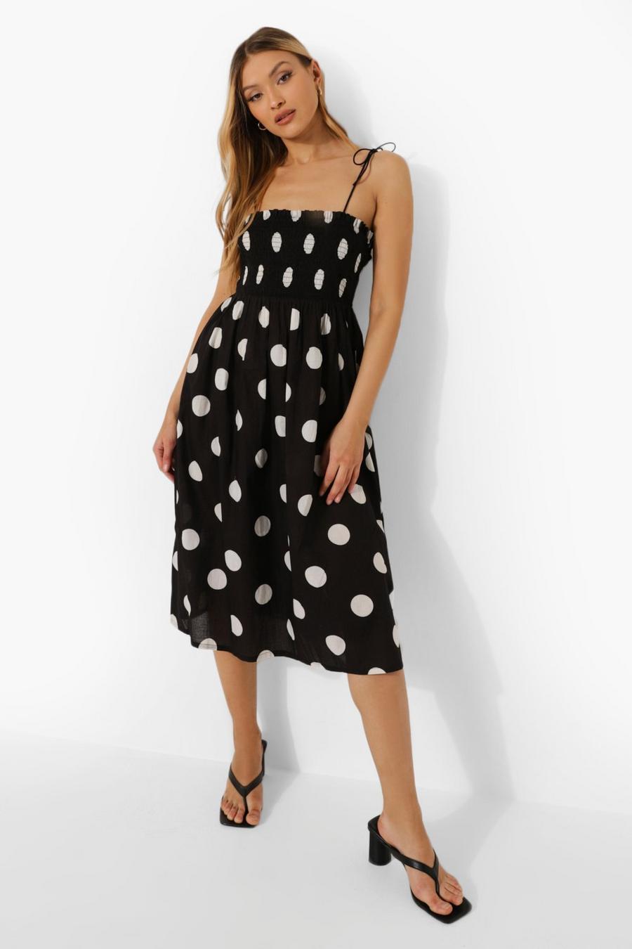 Black Polka Dot Strappy Shirred Midi Smock Dress image number 1