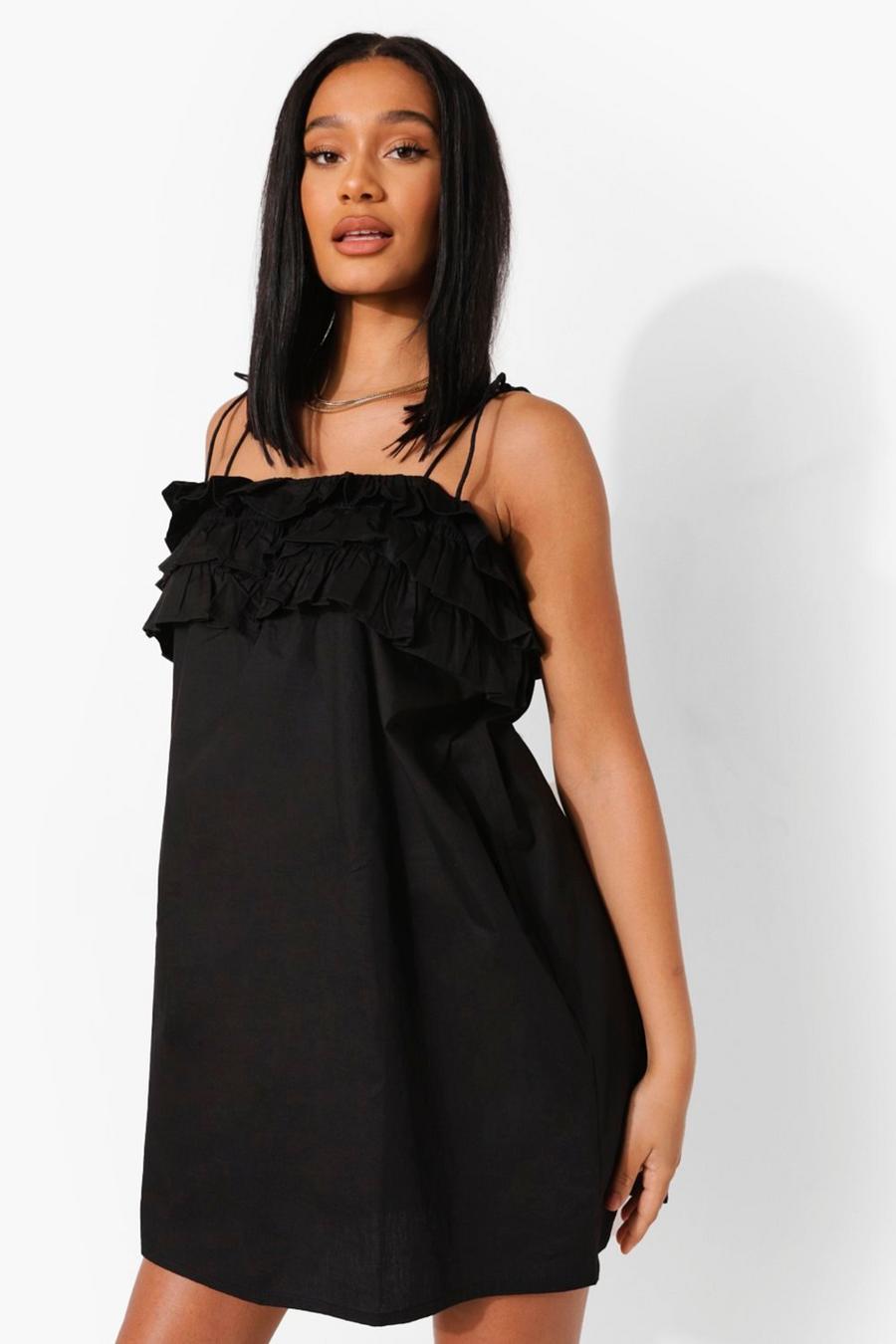 Black Cotton Strappy Ruffle Bust Shift Dress image number 1