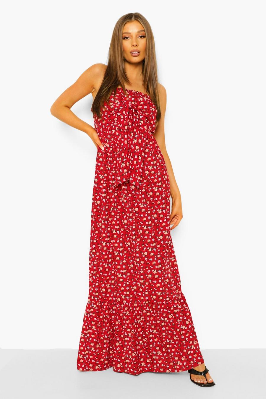 Red Ditsy Floral Bandeau Knot Detail Maxi Dress image number 1