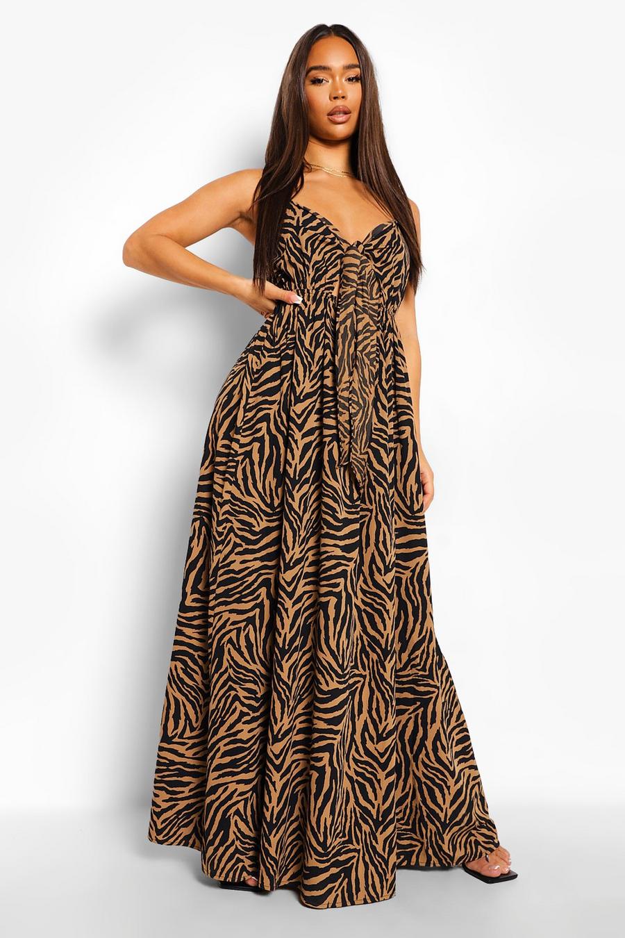 Brown Animal Print Tie Bust Cut Out Maxi Dress image number 1