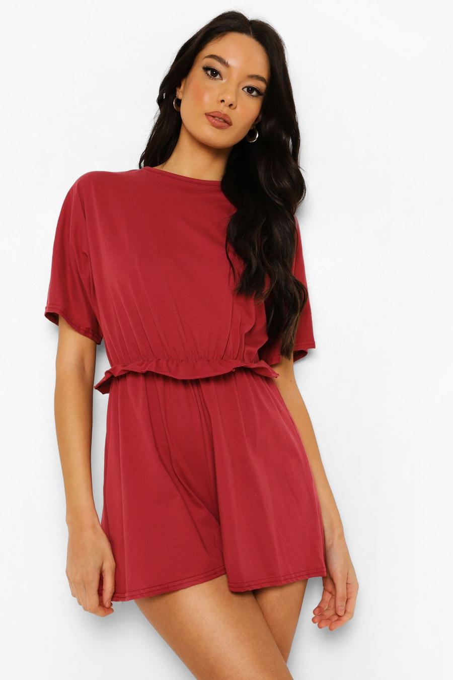 Berry Frill Waist Oversized Smock Playsuit image number 1