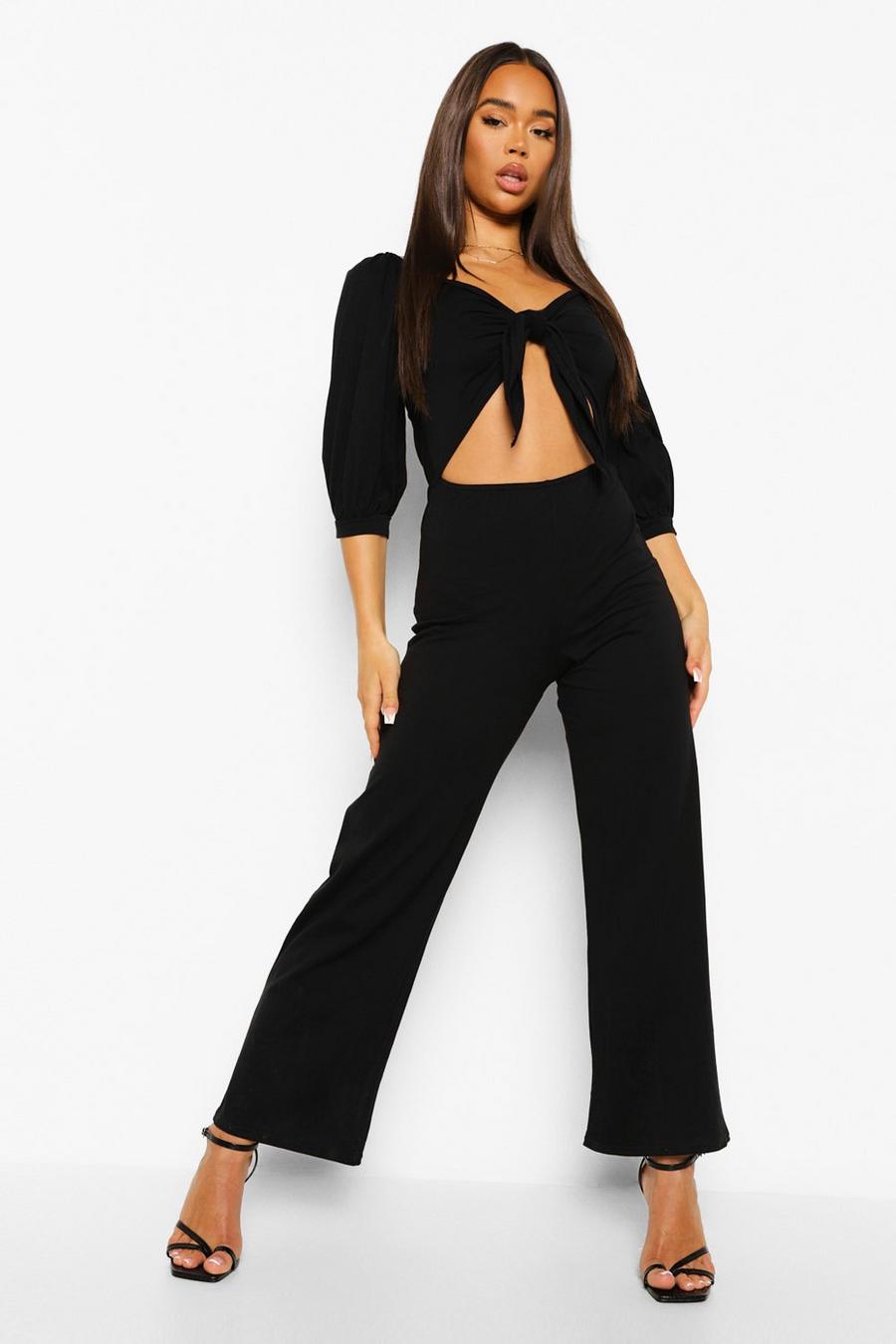 Black Tie Front Cut Out Wide Leg Jumpsuit image number 1