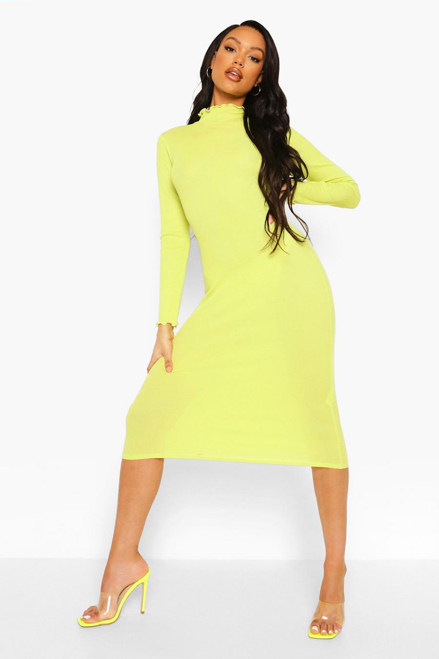 Chartreuse Waffle Rib High Neck Midaxi Dress image number 1