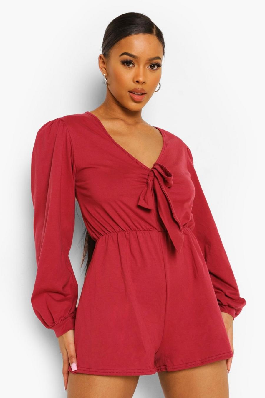 Berry Plunge Balloon Sleeve Tie Front Playsuit image number 1