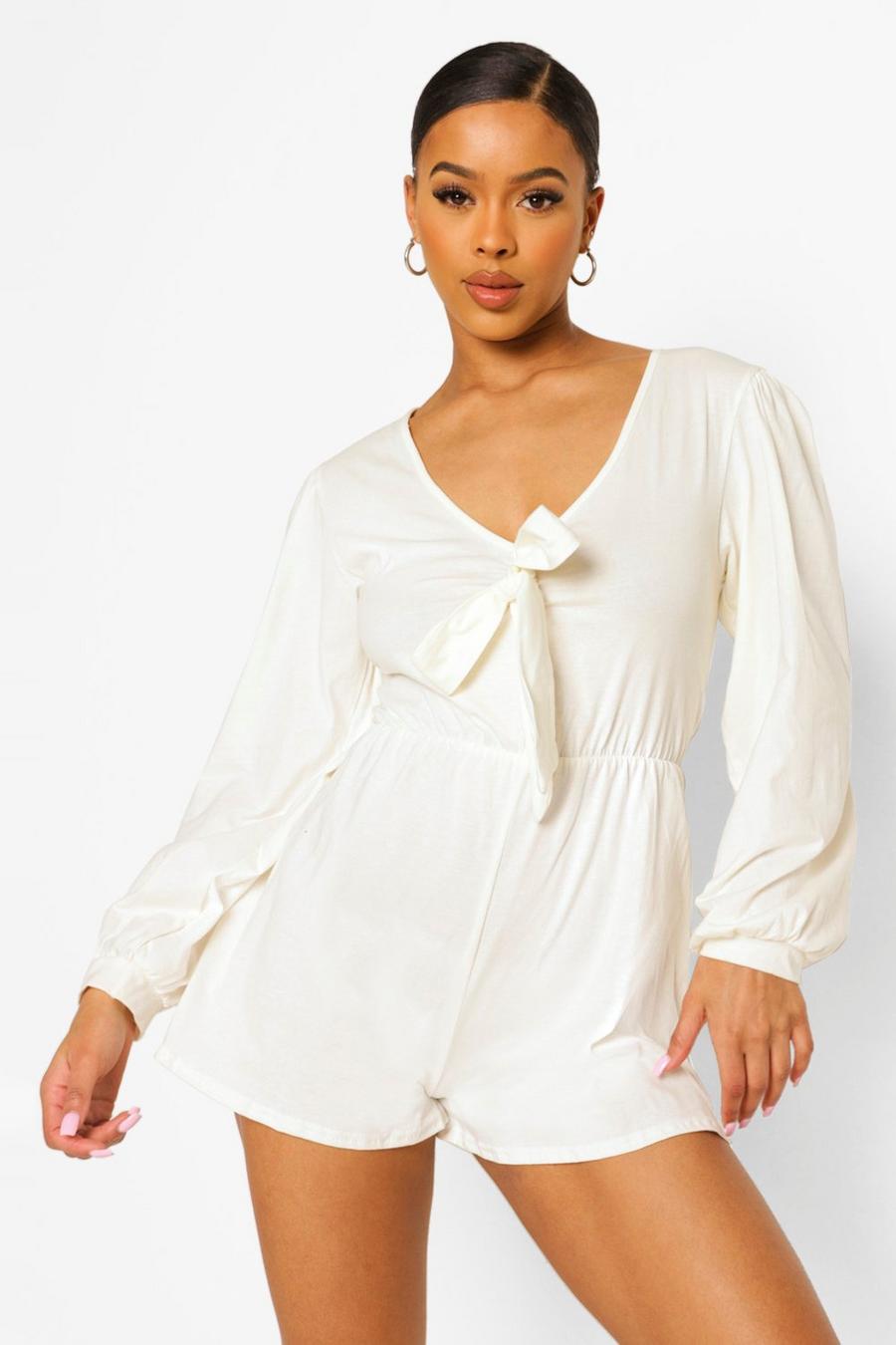 Stone Plunge Balloon Sleeve Tie Front Playsuit image number 1