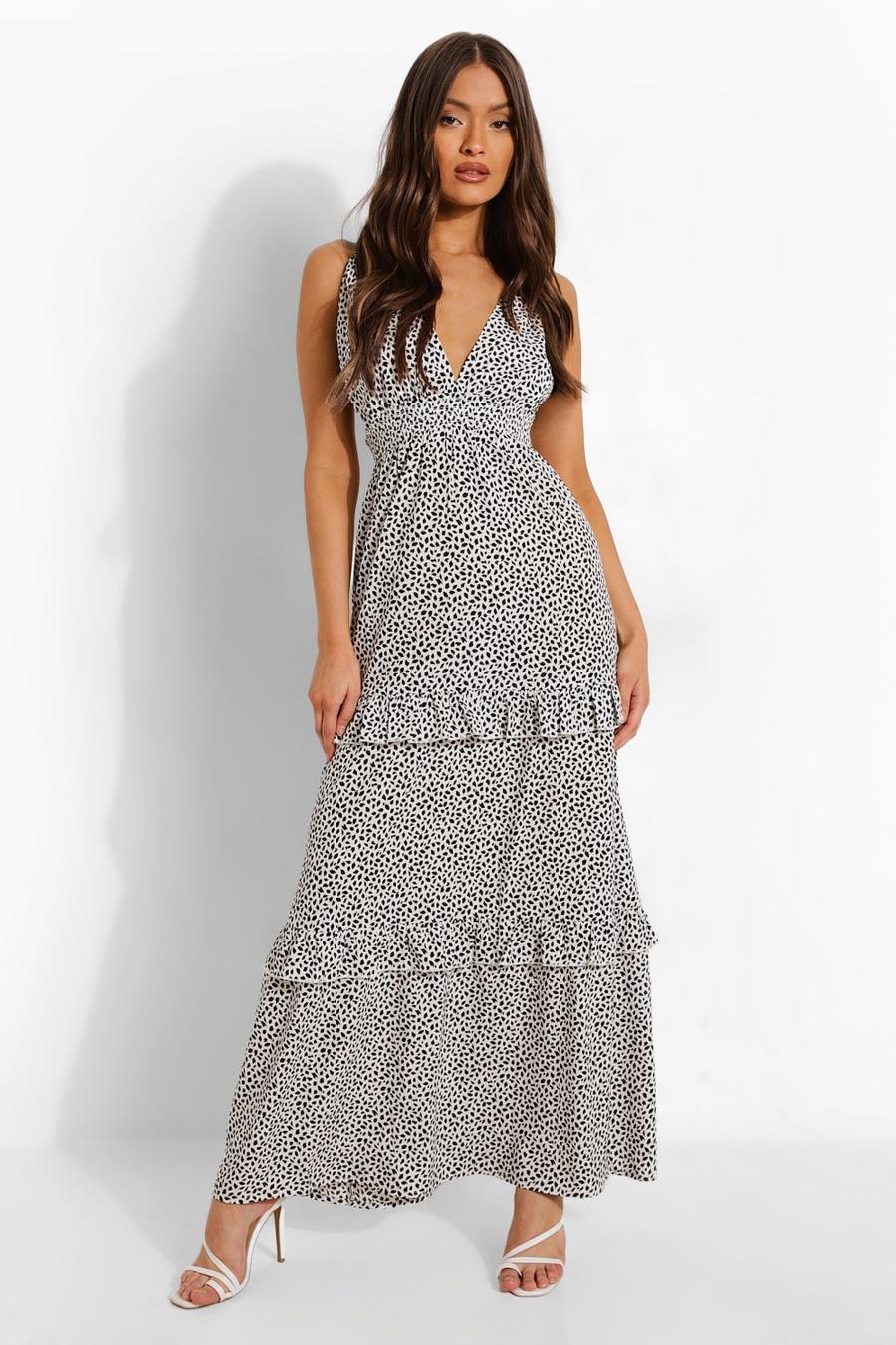 White Animal Plunge Tiered Maxi Dress image number 1