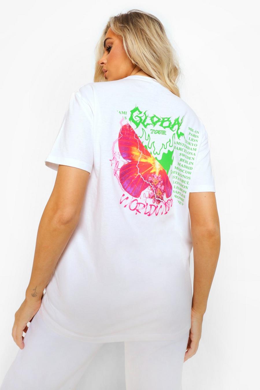 Bedrucktes T-Shirt mit Schmetterlings- und Tour-Motiv , Weiß image number 1