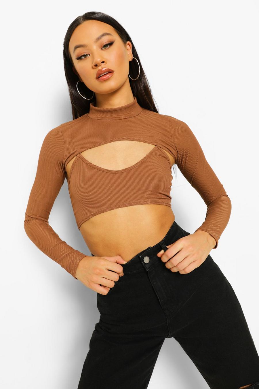 Chocolate Two Piece Rib Crop Top image number 1