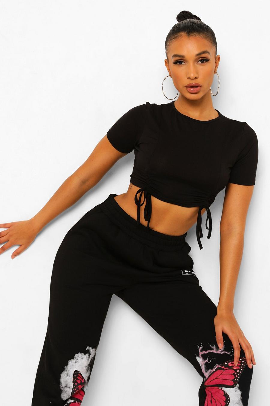 Black Ruched Front Cropped T Shirt image number 1