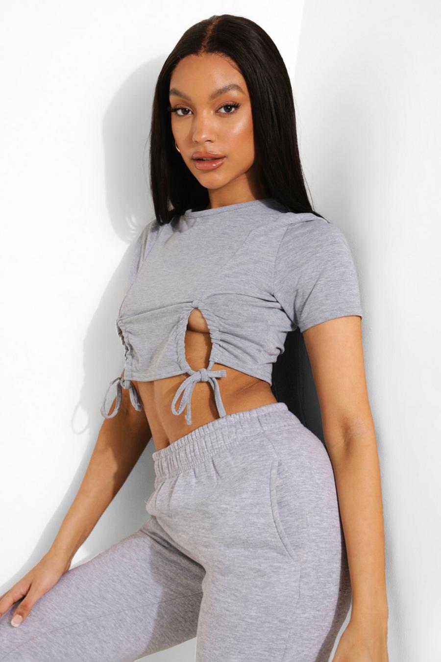 Grey marl Ruched Front Cropped T Shirt image number 1