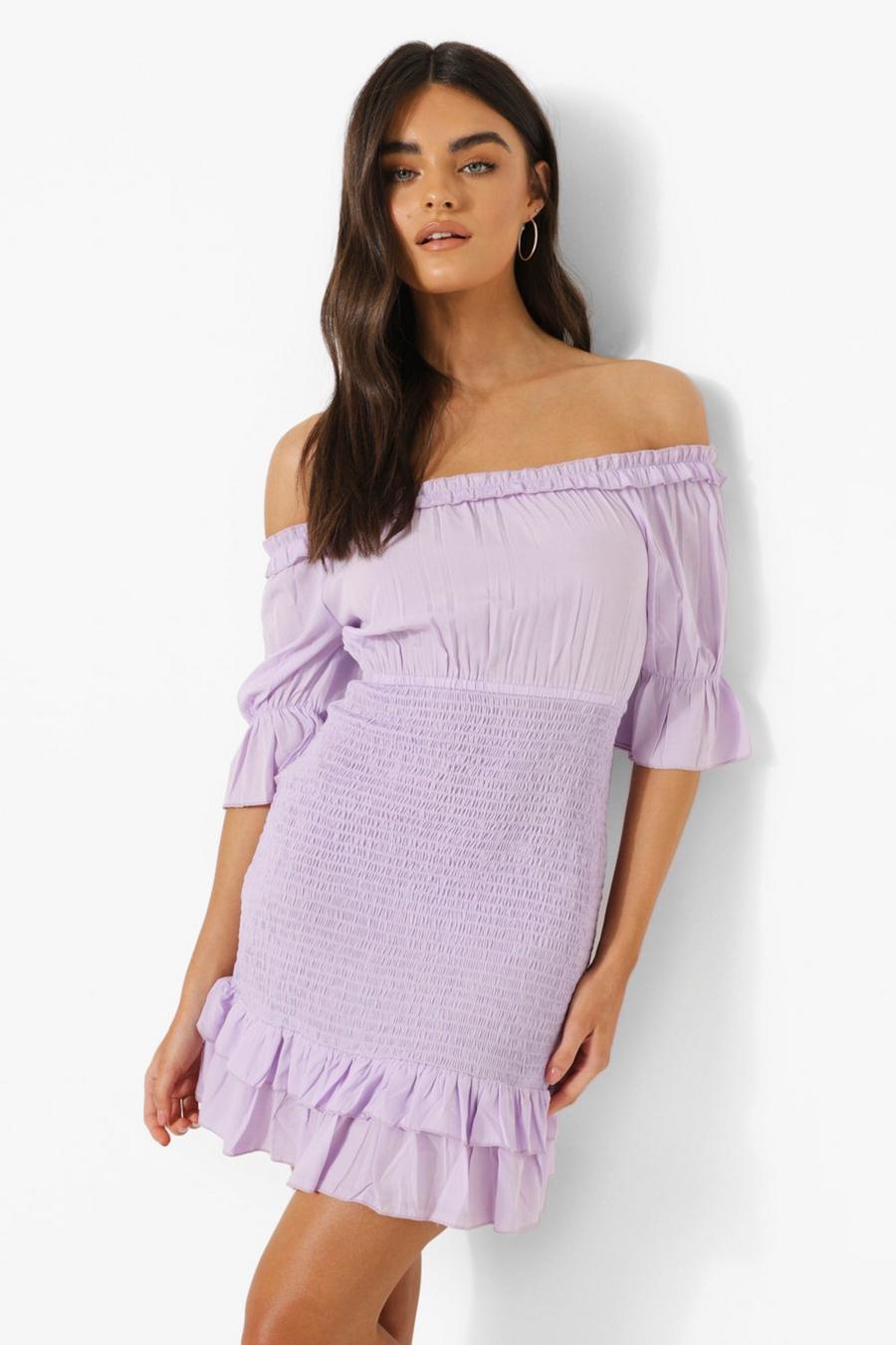 Lilac Off The Shoulder Ruffle Edge Shirred Skirt Mini Dress image number 1