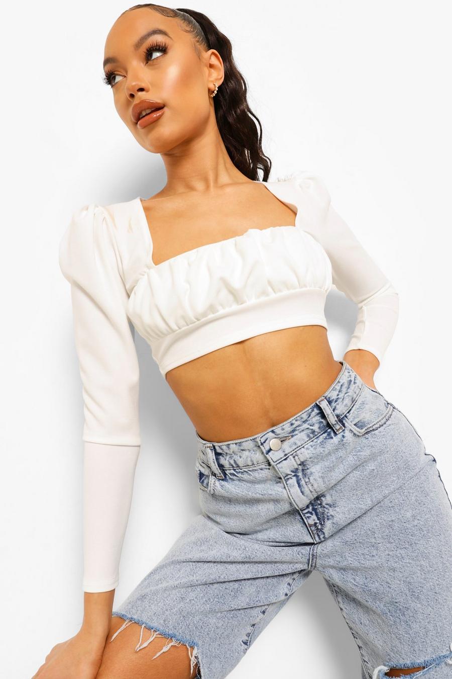 White Crepe Square Neck Long Sleeve Crop Top image number 1