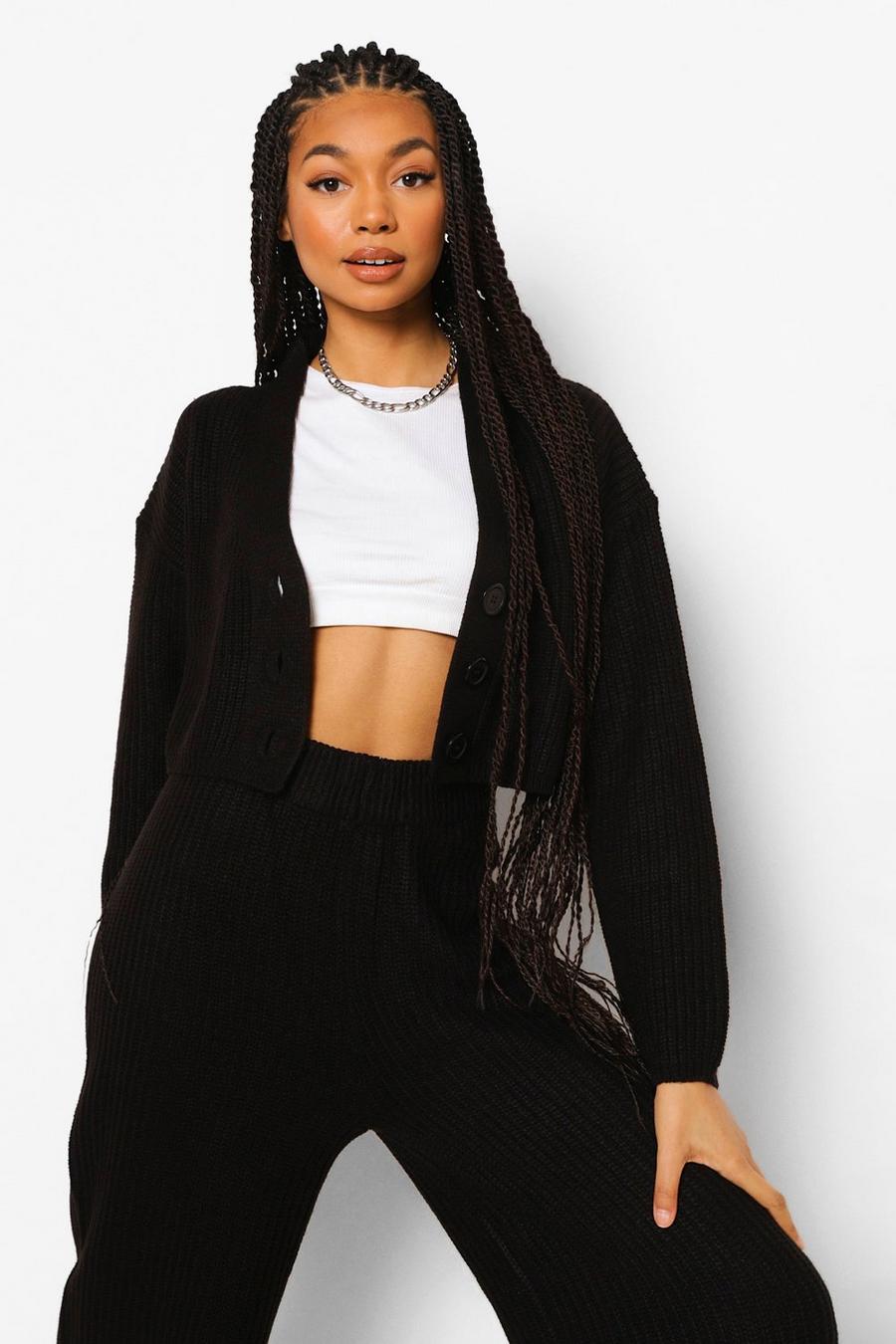 Black Knitted Button Cropped Cardi And Wide Leg Set image number 1