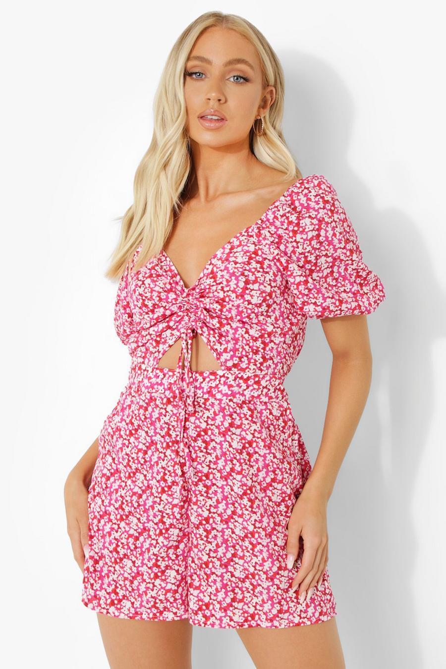 Pink Floral Rouched Cut Out Playsuit image number 1