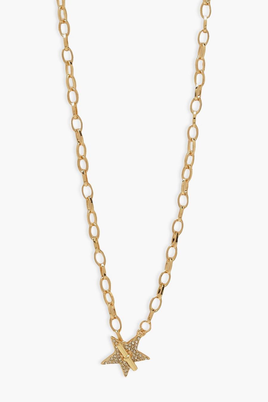 Gold Pave Star Toggle T Bar Chain Necklace image number 1