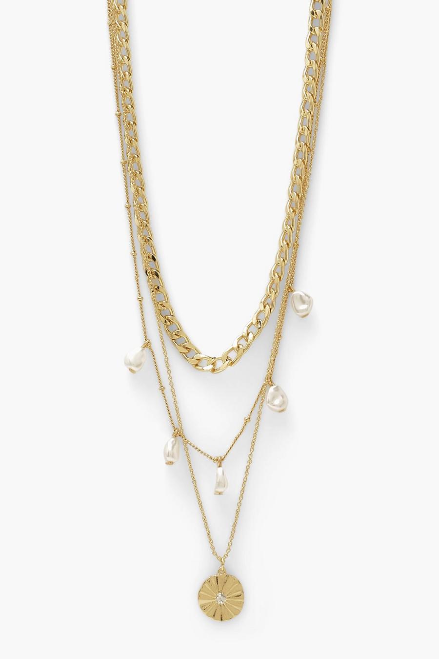 Gold Pearl Drop Link Chain Layered Necklace image number 1