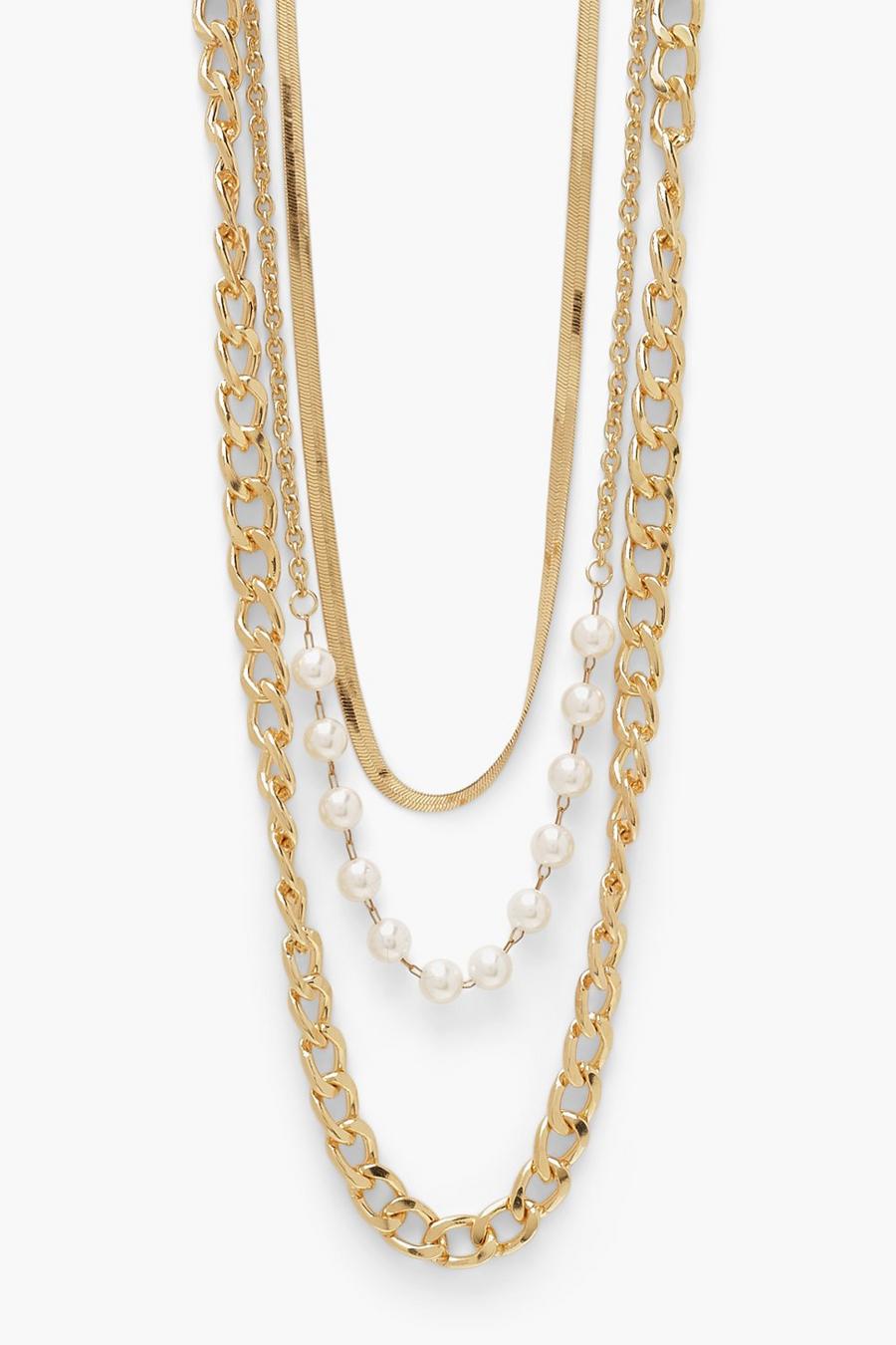 Conjunto de 3 collares de perlas de cadena gruesa y plana , Dorado image number 1