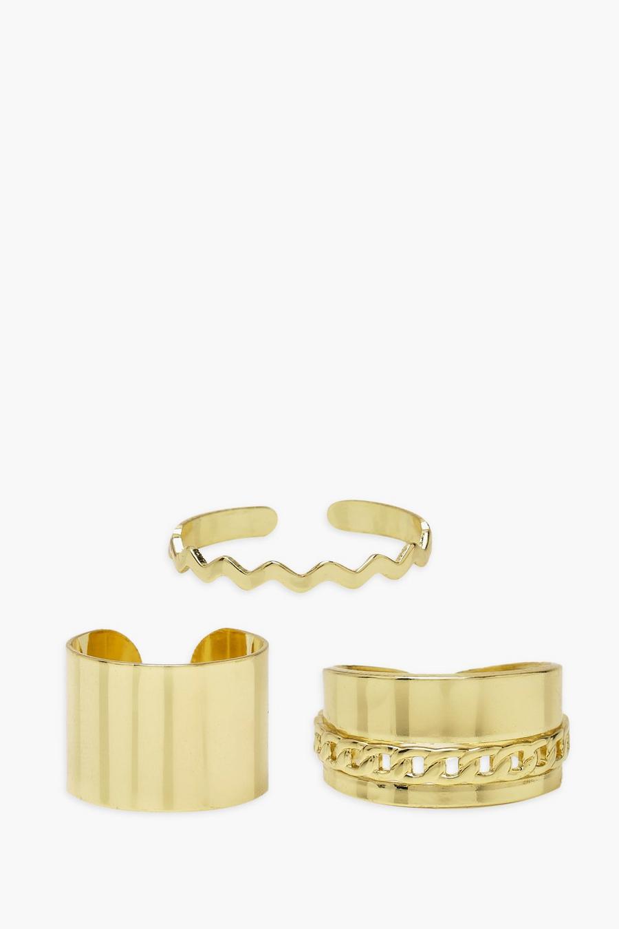 Pack mit verstellbaren Ringen mit Wellenmotiv und goldfarbener Kette, Gold image number 1