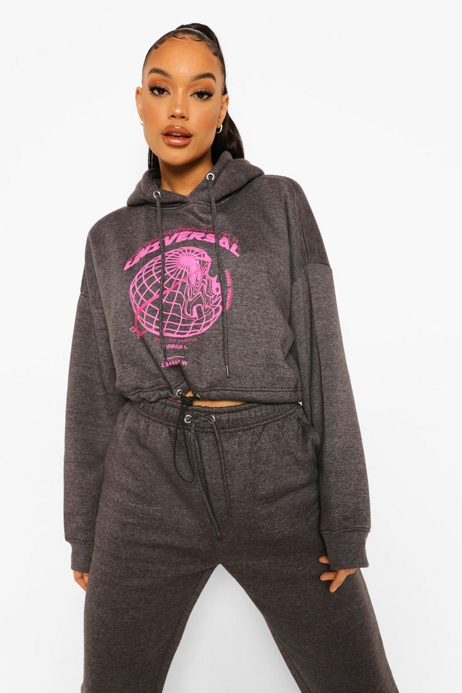 Charcoal "Universal" Kort hoodie med dragsko image number 1