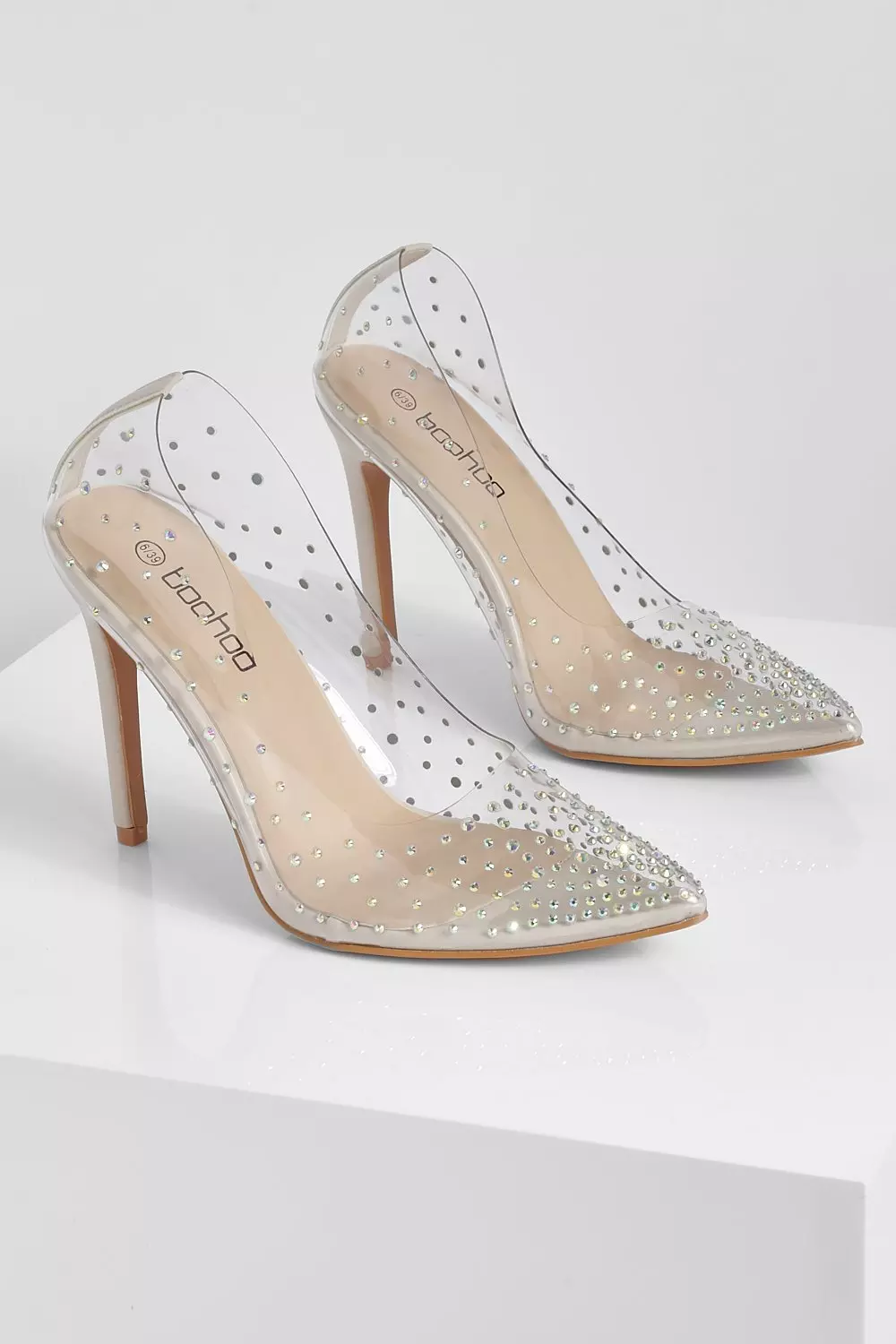 Diamante store clear heels