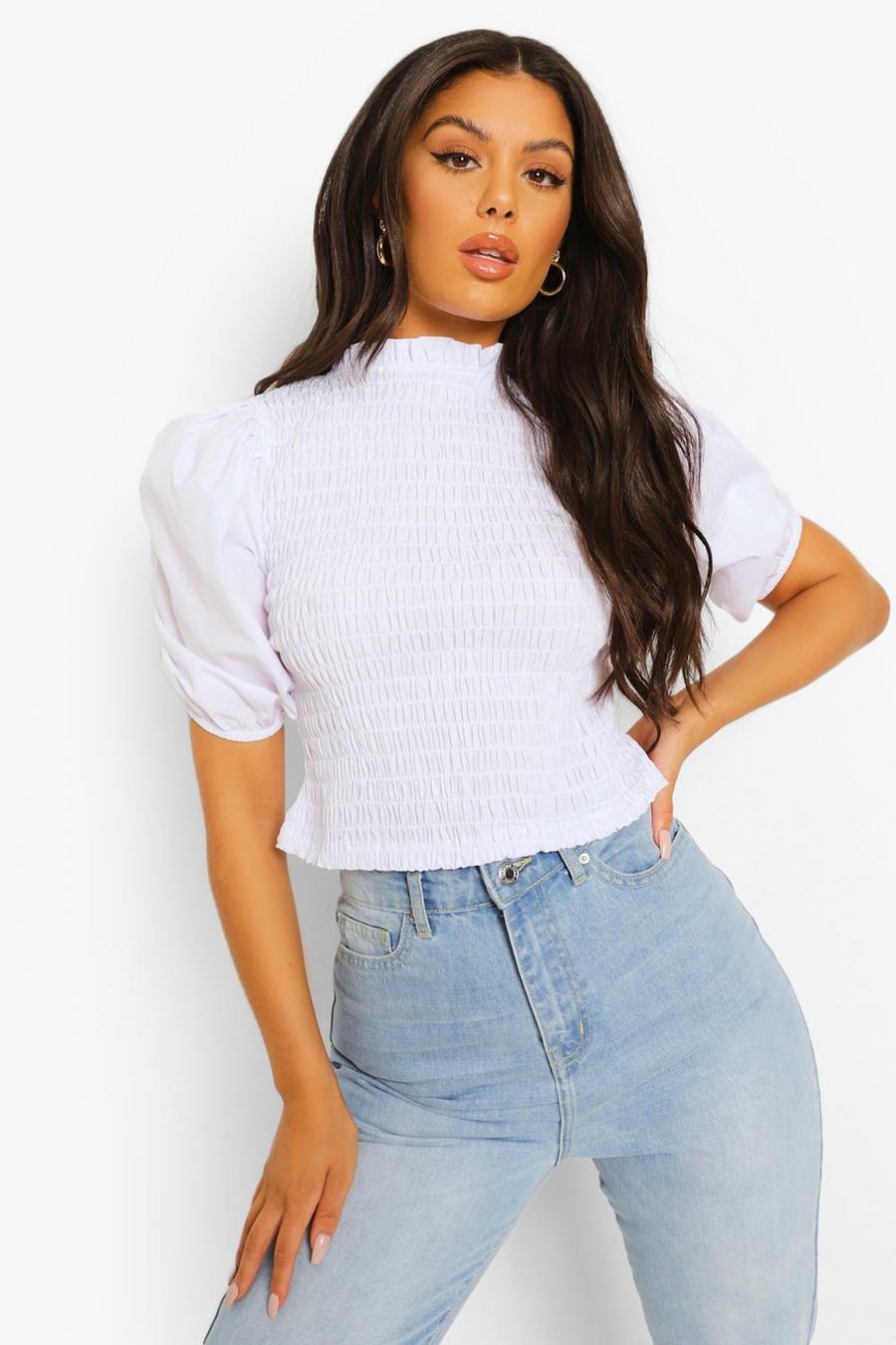 White Shirred Woven Top image number 1