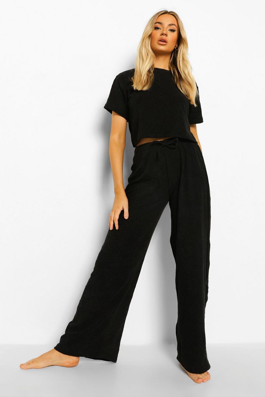 Black Towelling Wide Leg Joggers image number 1