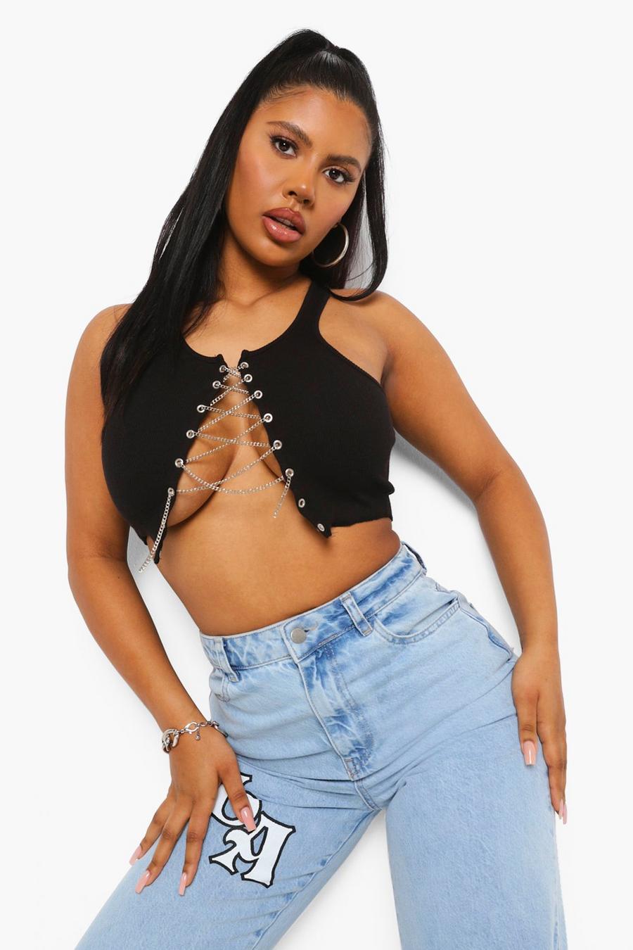 Black Chain Lace Up Detail Rib Crop Top image number 1