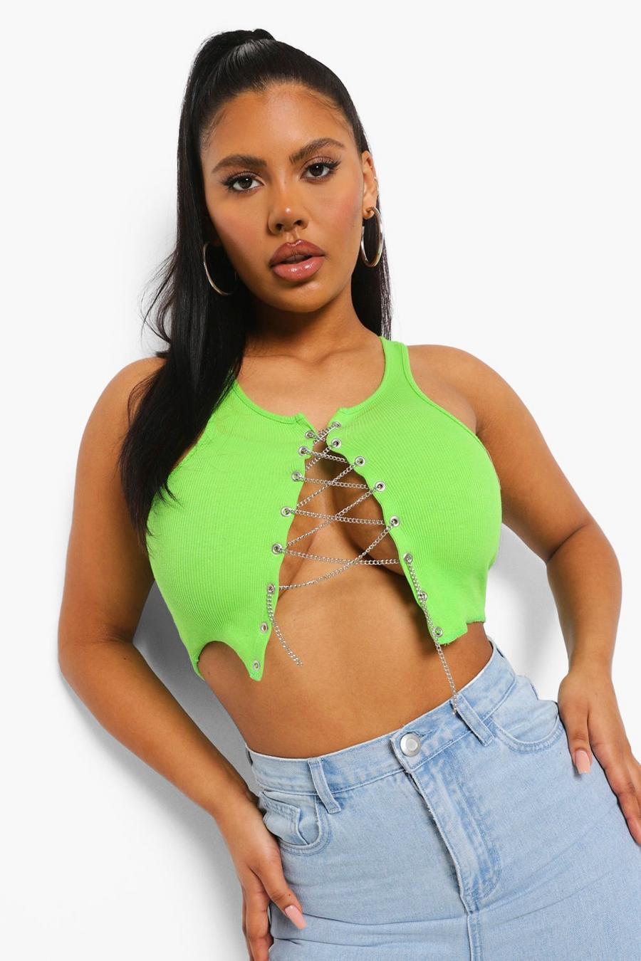 Green Chain Lace Up Detail Rib Crop Top image number 1