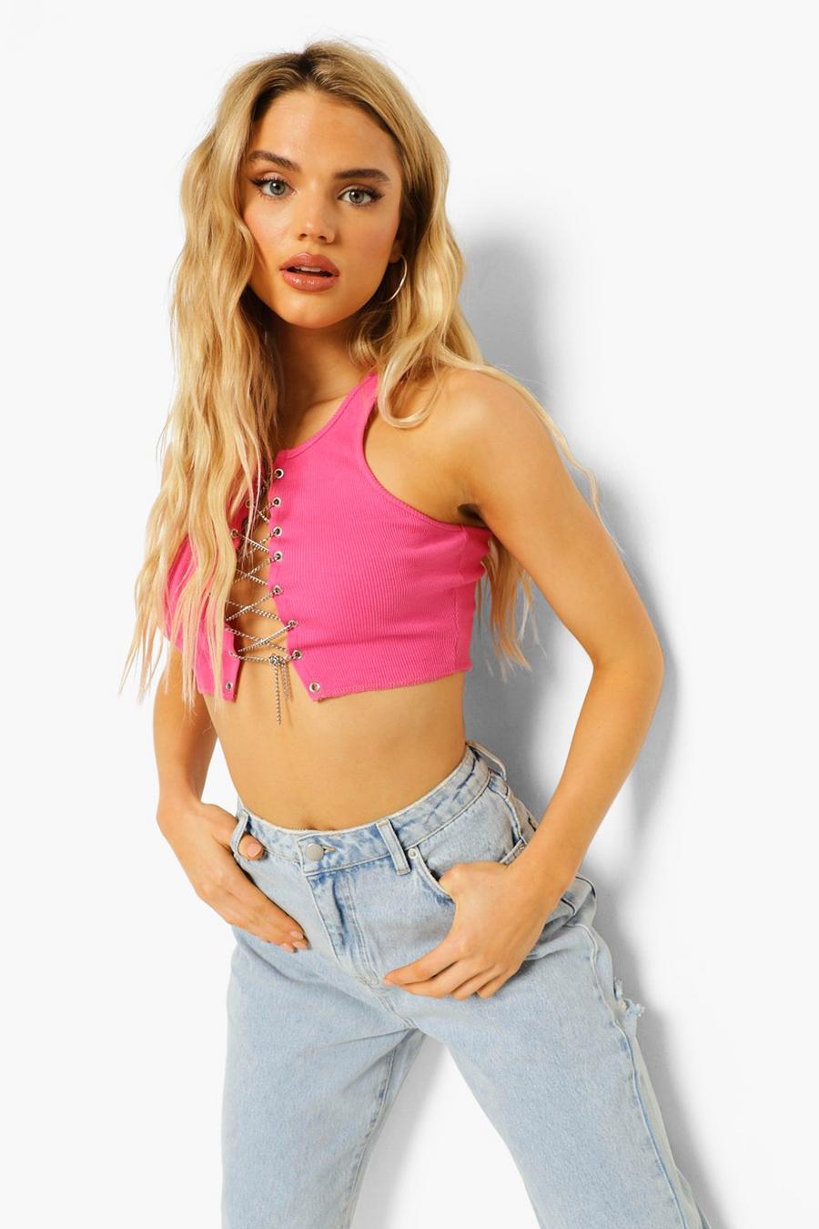 Pink Chain Lace Up Detail Rib Crop Top image number 1