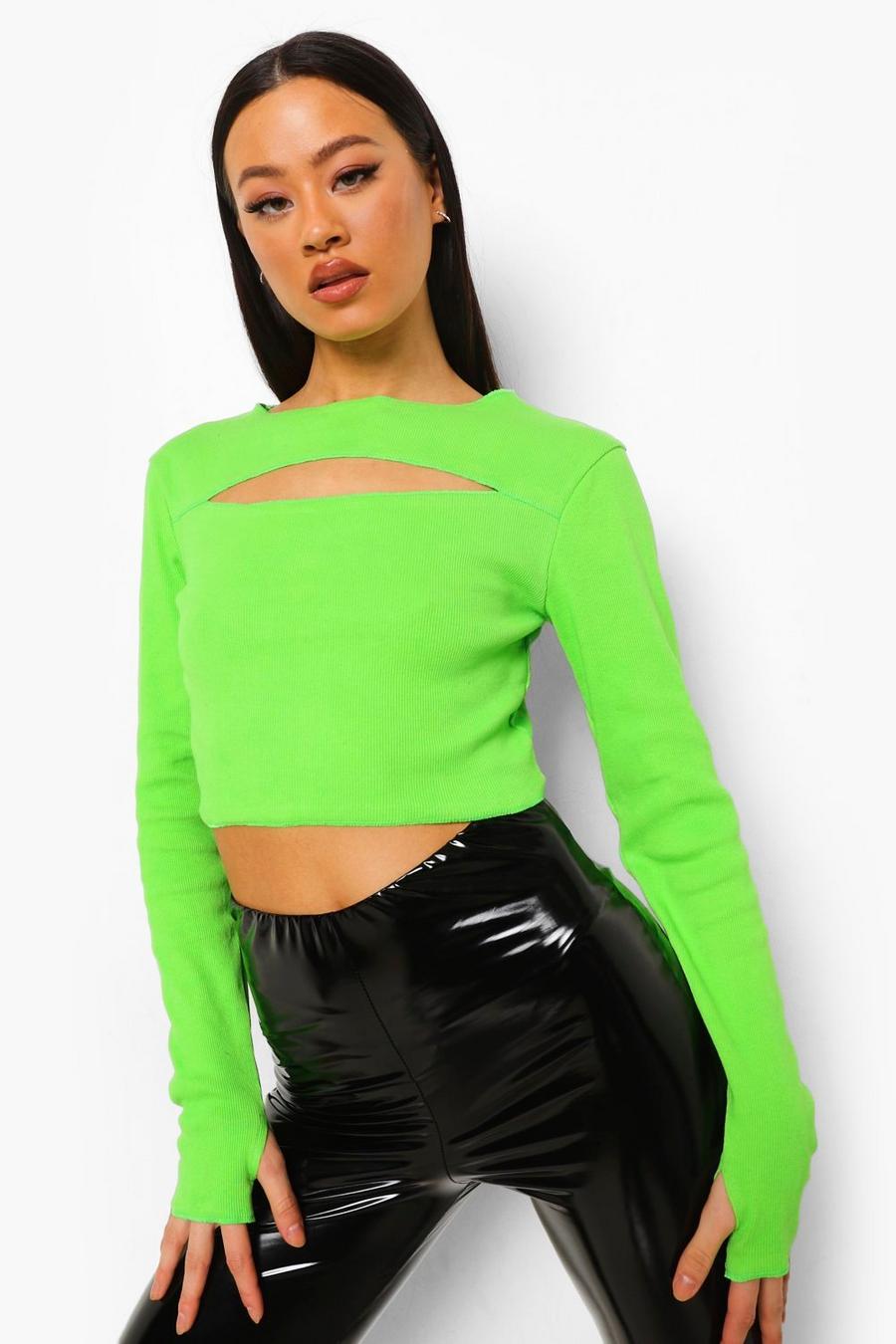 Green Cut Out Long Sleeve Ribbed Top image number 1