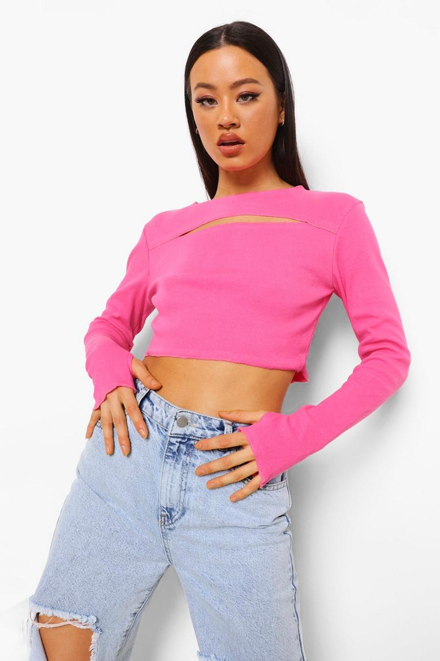 Pink Cut Out Long Sleeve Ribbed Top image number 1