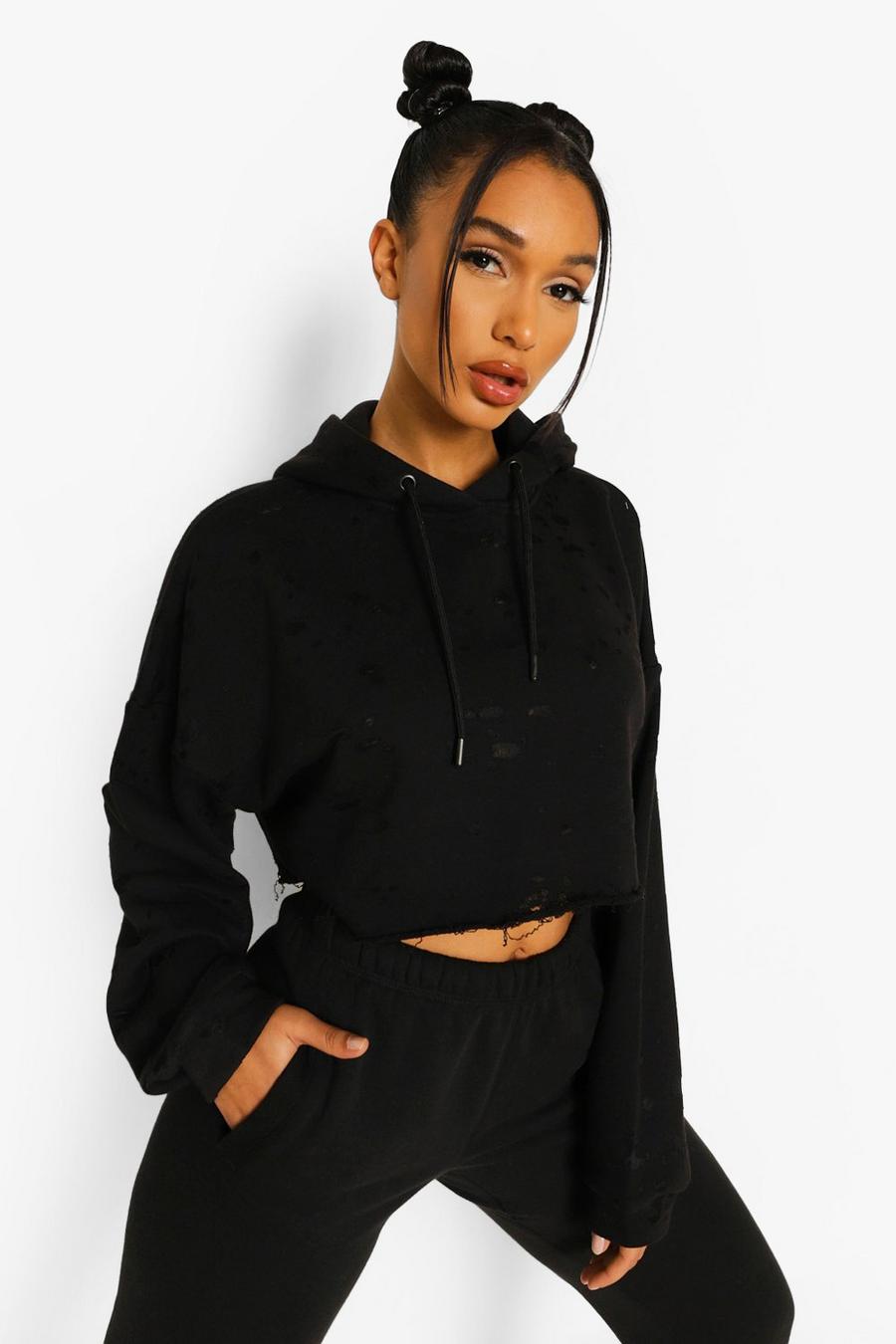 Black Kort hoodie med slitage image number 1