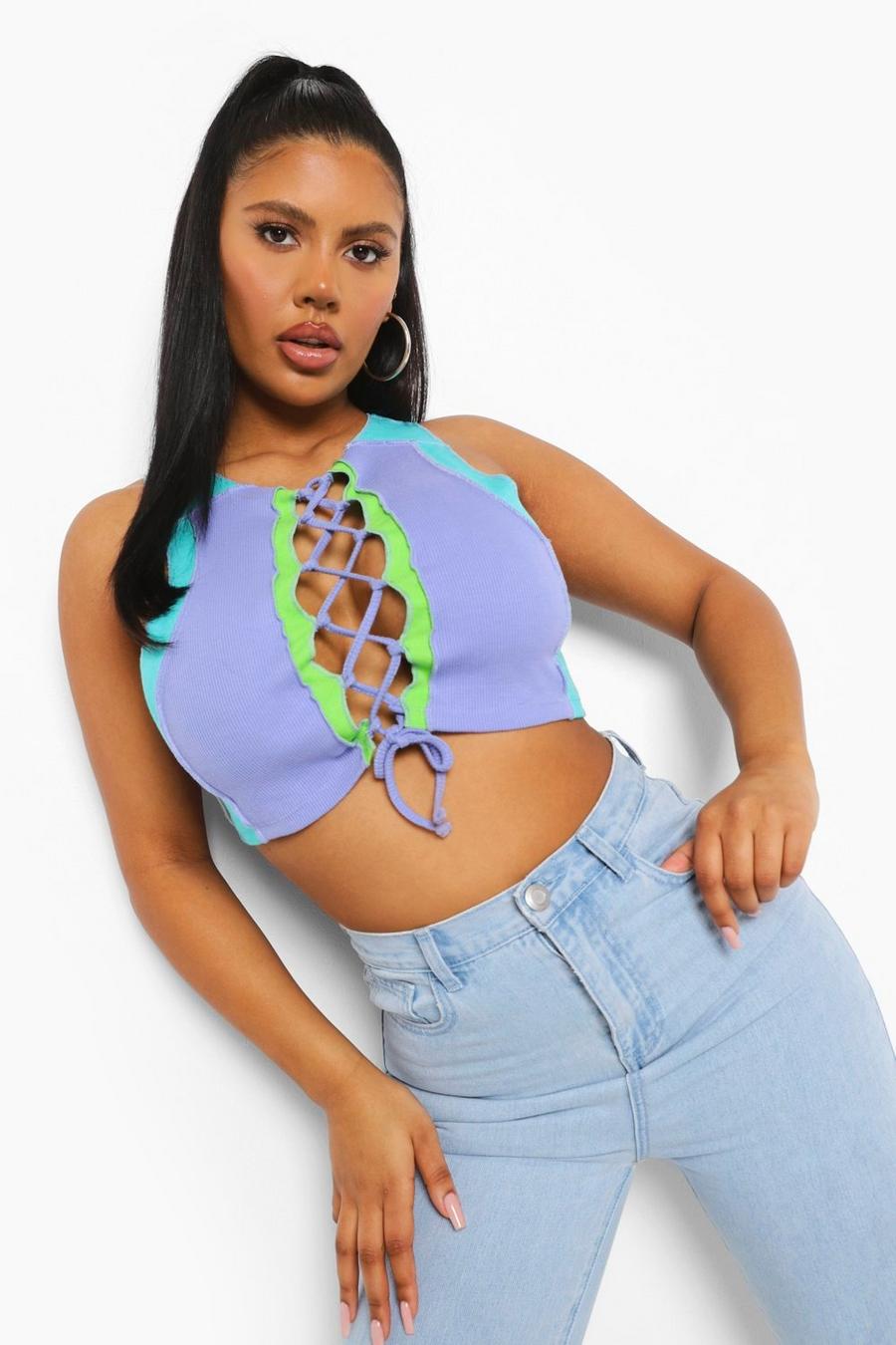 Lilac Lace Up Colorblock Crop Top image number 1