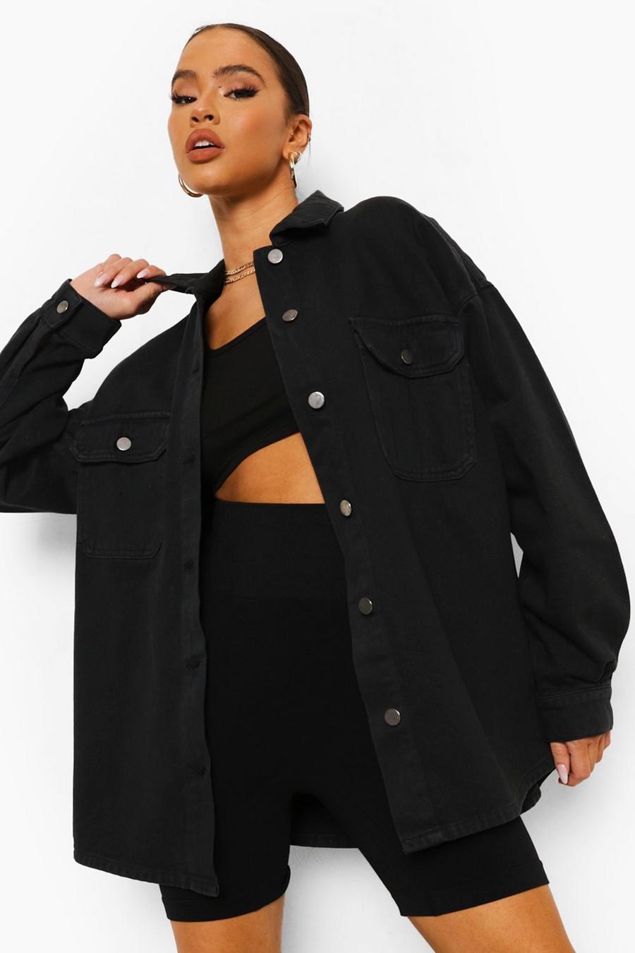 Camisa estilo chaqueta de sarga ancha, Negro image number 1