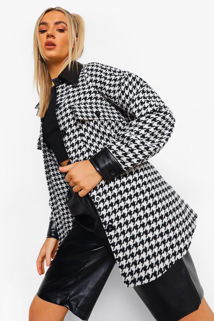Black Faux Leather Trim Dogtooth Shacket image number 1
