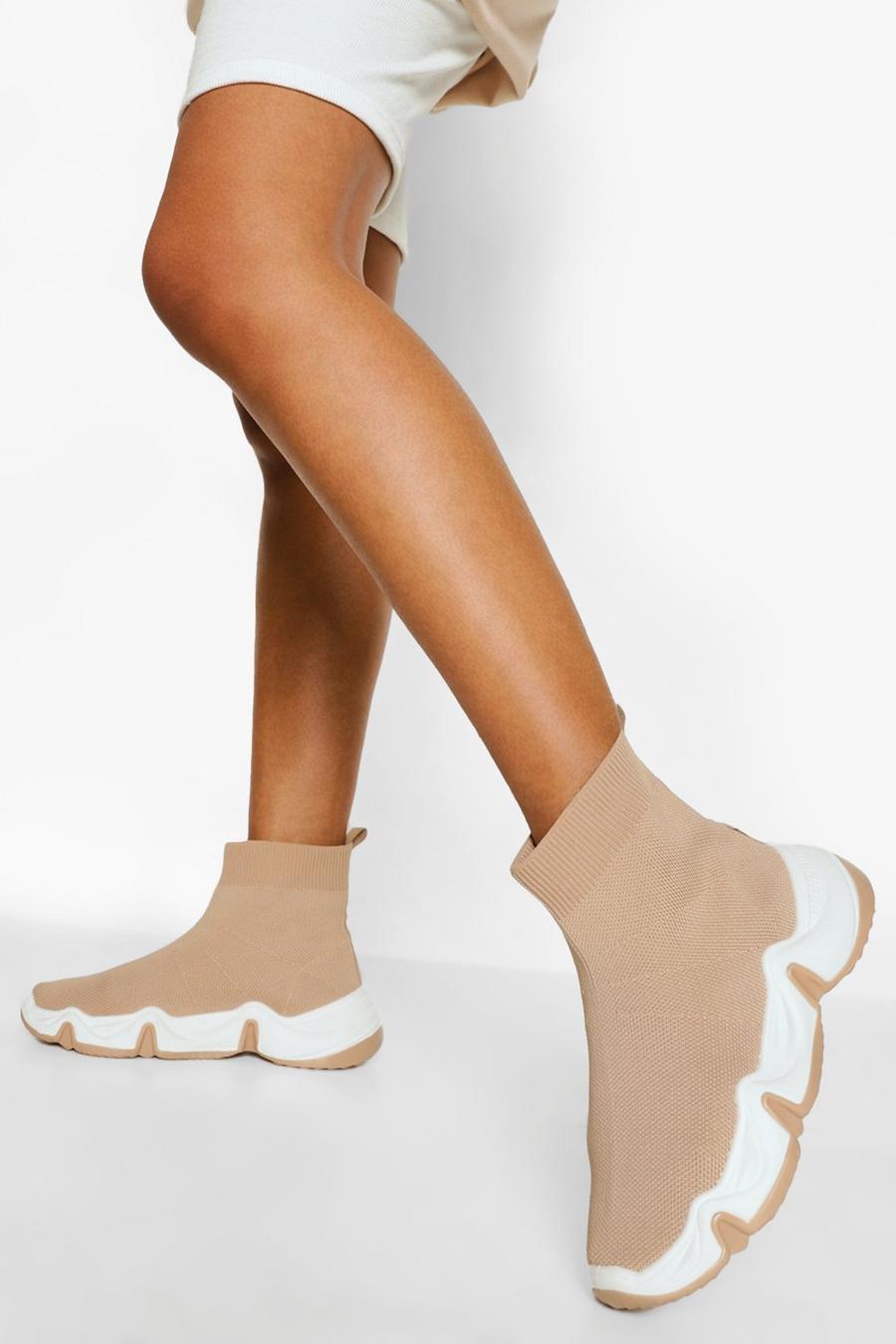 Beige Sneakers i sockmodell med sula i kontrastfärg image number 1