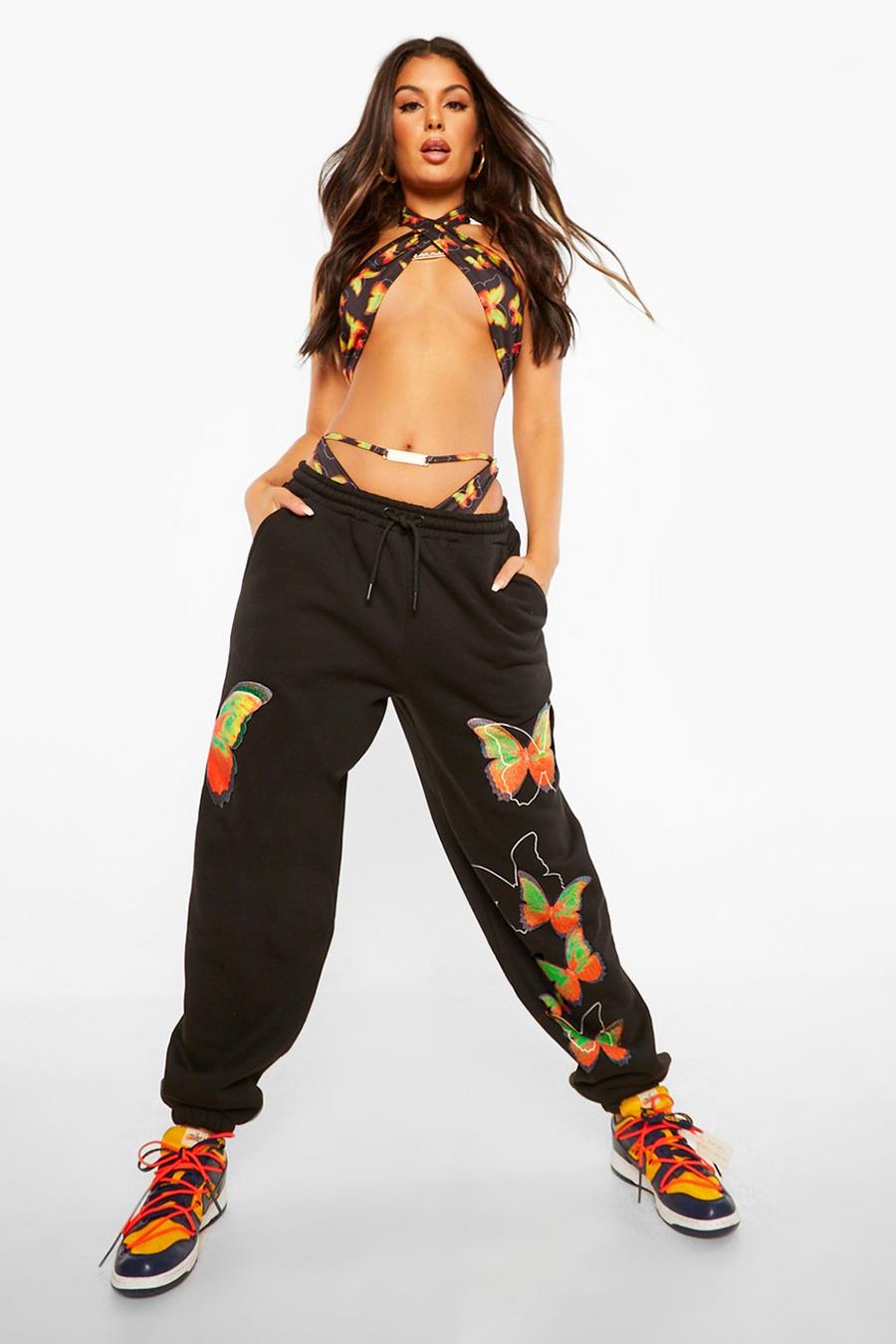 Black Butterfly Print Oversized Track Pants image number 1
