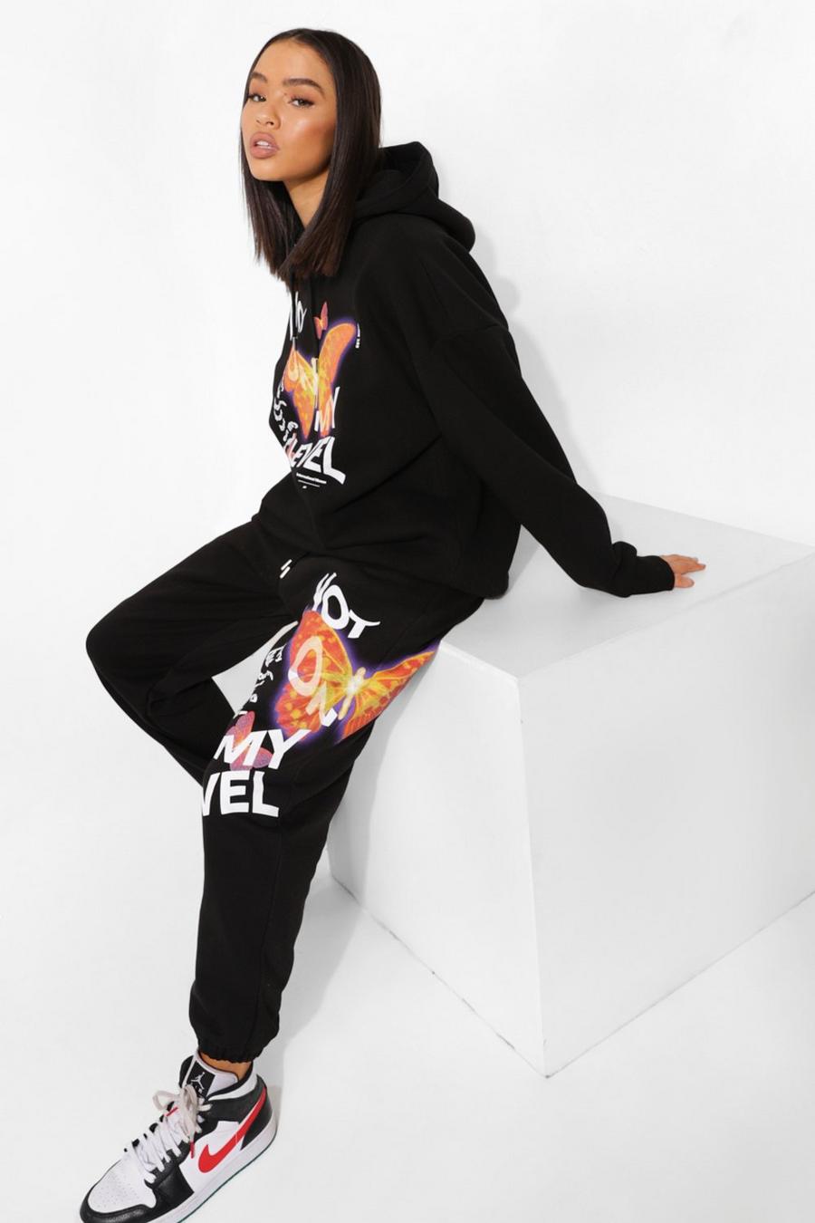 Black Slogan And Butterfly Print Oversized Joggers image number 1