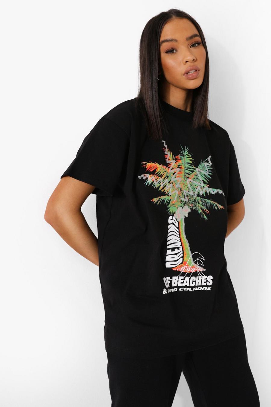 Camiseta larga con estampado de palmeras , Negro image number 1
