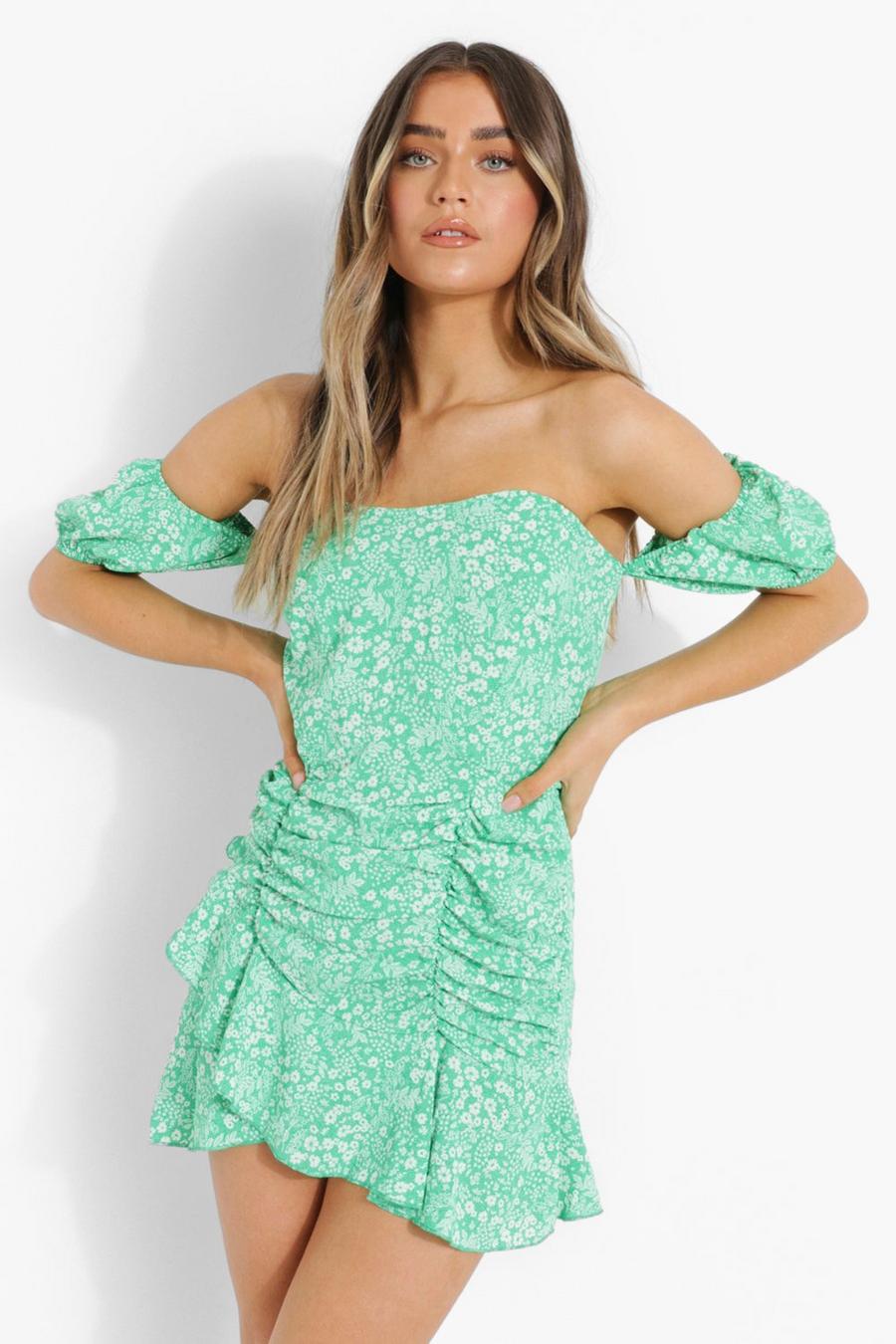 Green Ditsy Floral Rouche Front Skater Dress image number 1