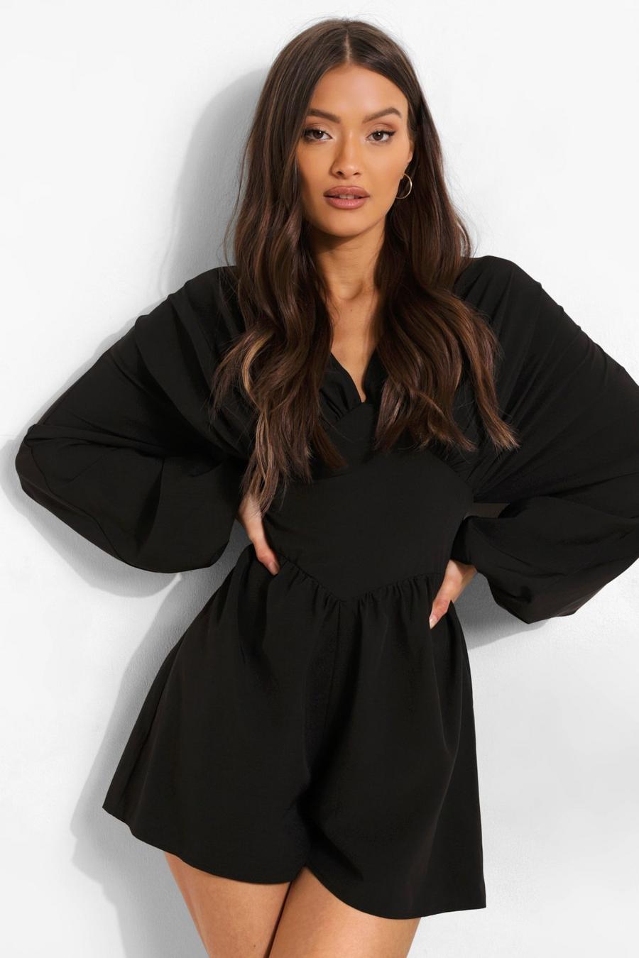 Black Woven Rouche Detail Playsuit image number 1