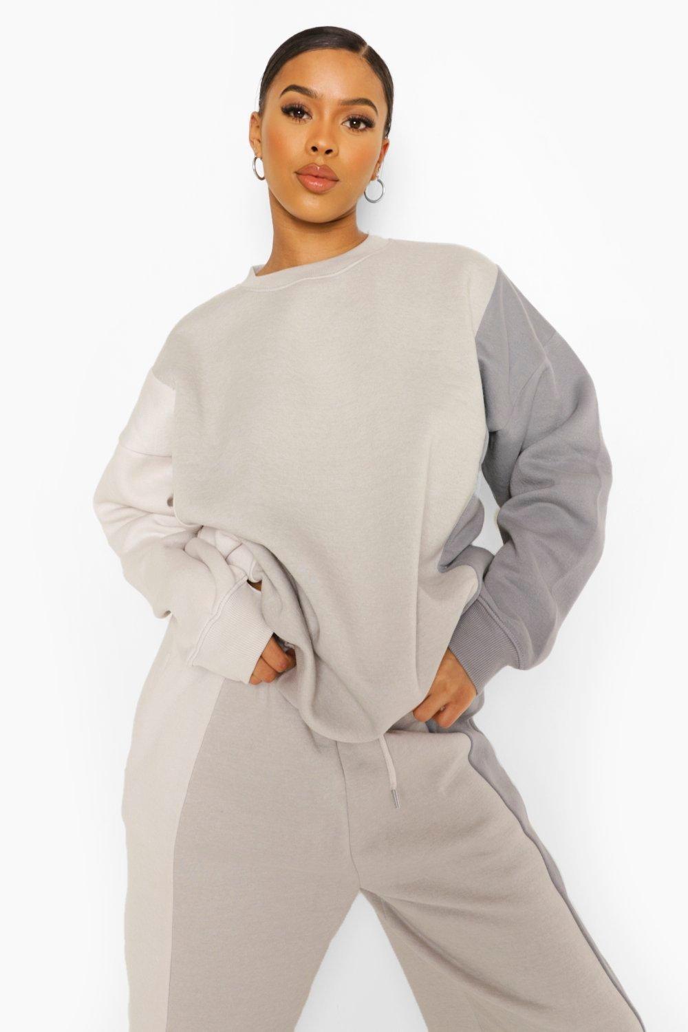 Grey Colour Block Sweater Tracksuit