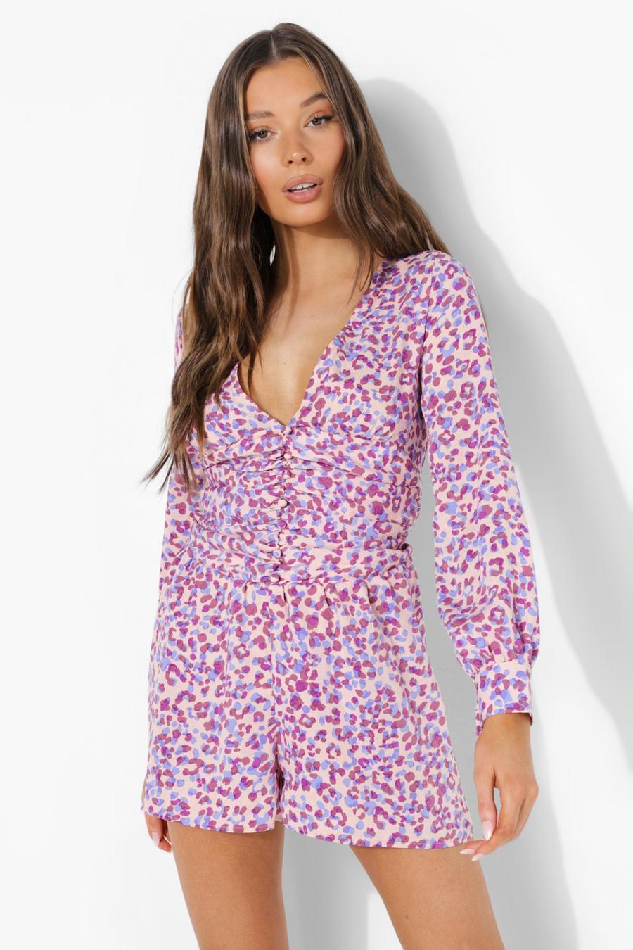 Lilac Leopard Ruffle Button Detail Playsuit image number 1