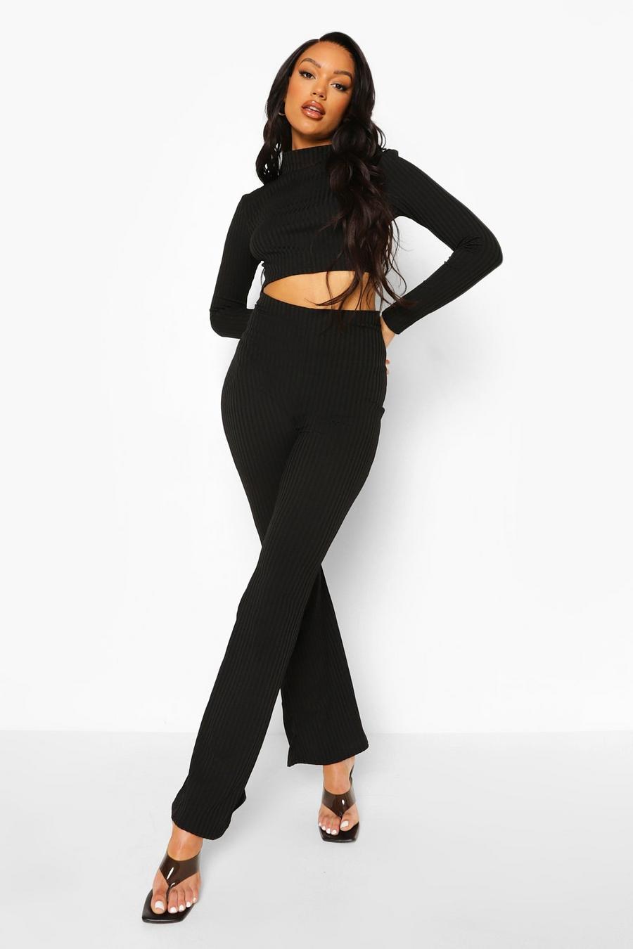 Black Ribbed Thong Back Trousers & Crop Top image number 1