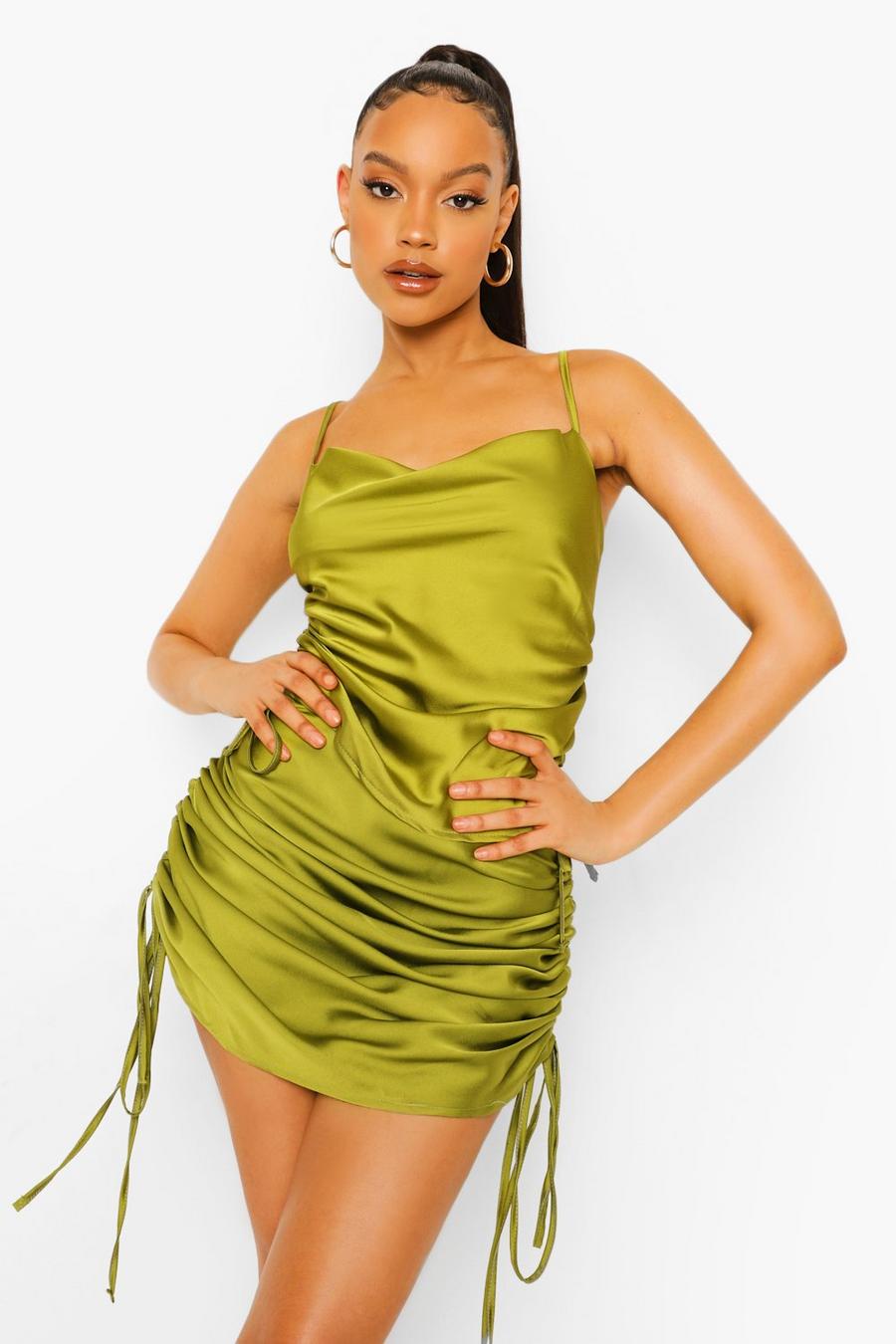 Olive Satin Ruched Crop Top And Midi Skirt image number 1