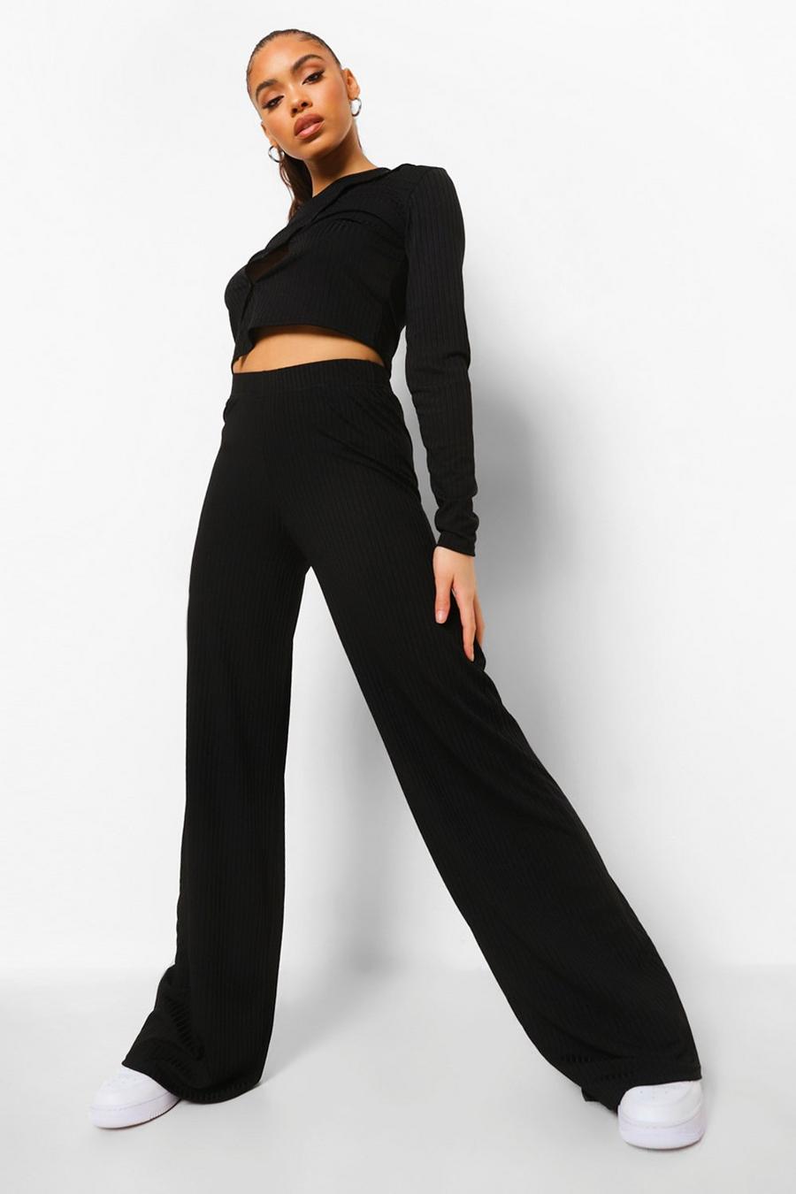Black Rib Button Front Crop & Wide Leg Trousers image number 1