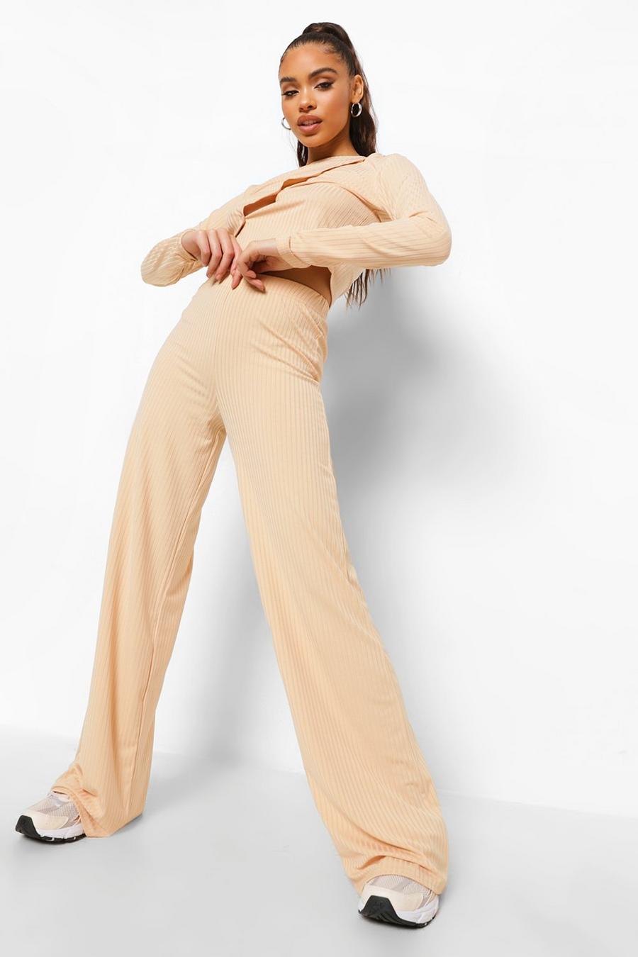 Sand Rib Button Front Crop & Wide Leg Trousers image number 1