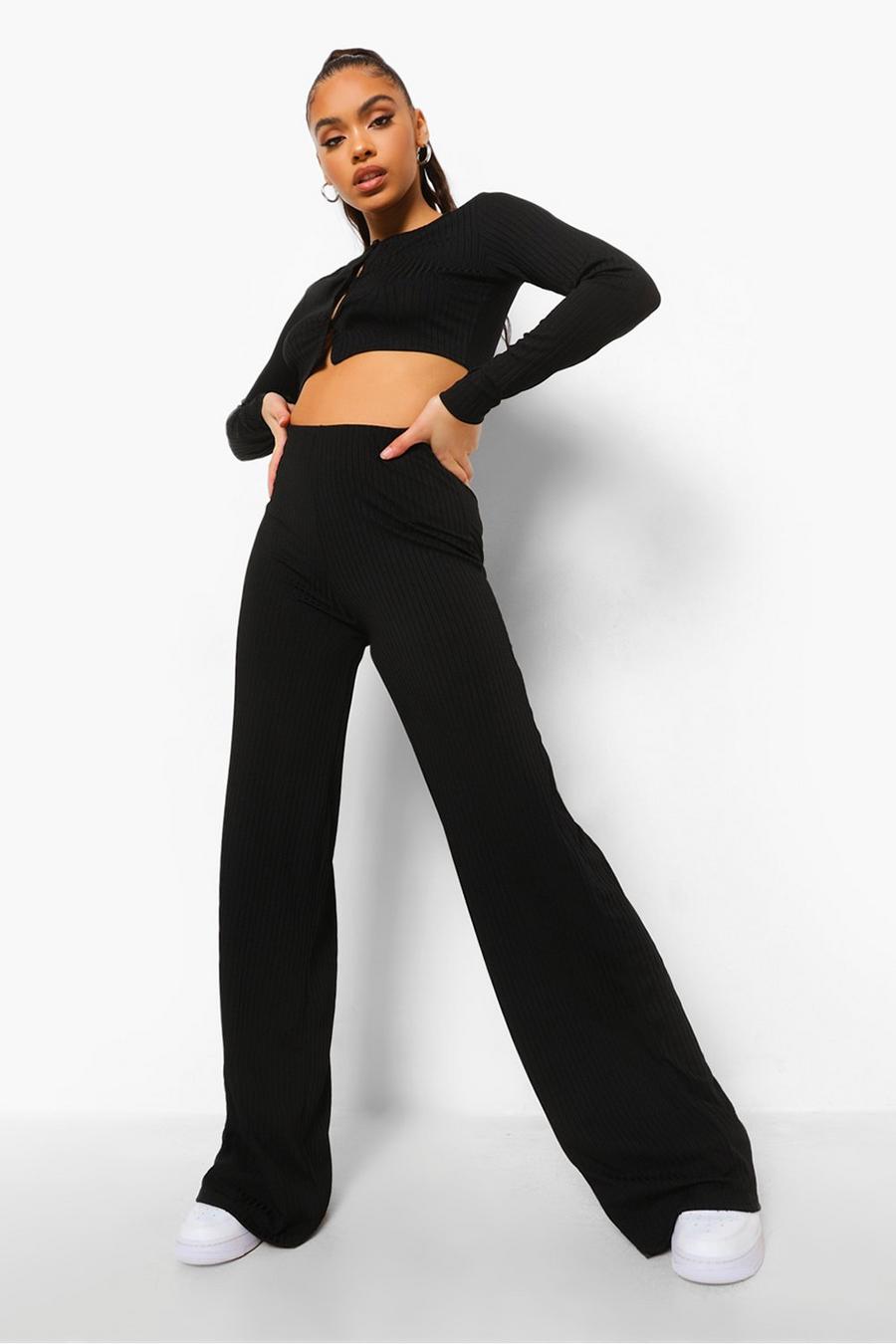 Black Rib Button Through Crop & Wide Leg Trousers image number 1