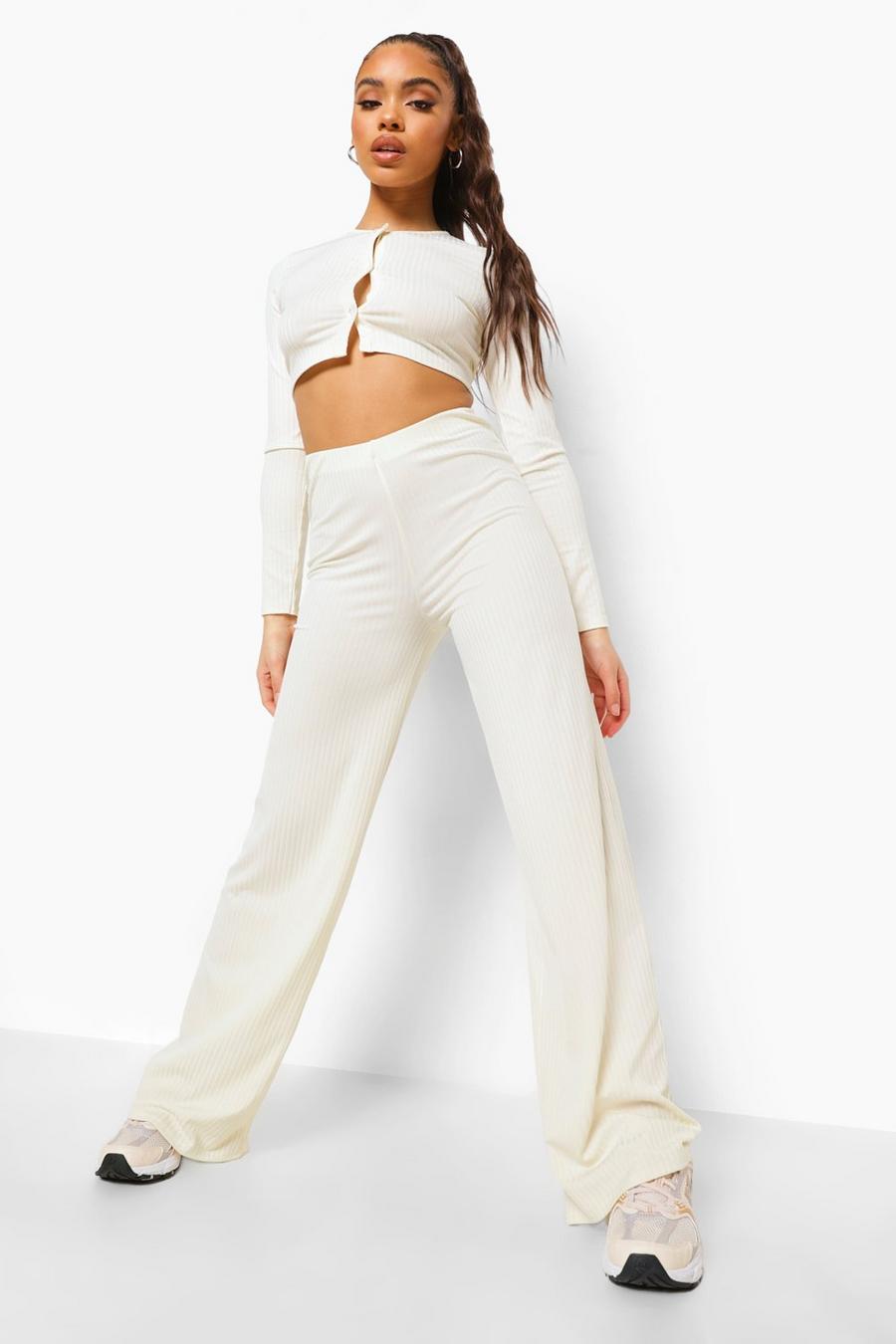 Cream Rib Button Through Crop & Wide Leg Trousers image number 1