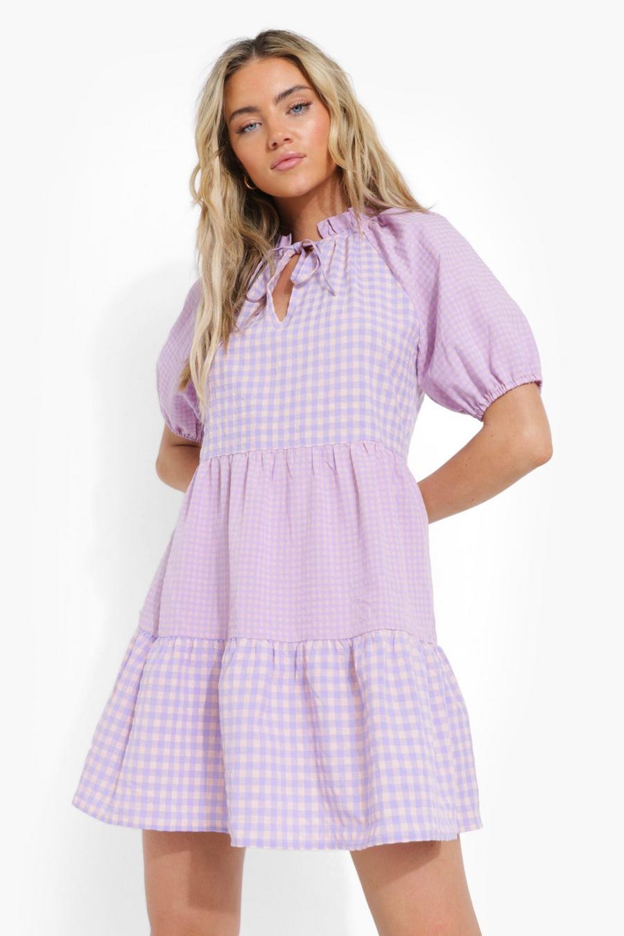 Lilac Gingham Mixed Print Smock Dress image number 1